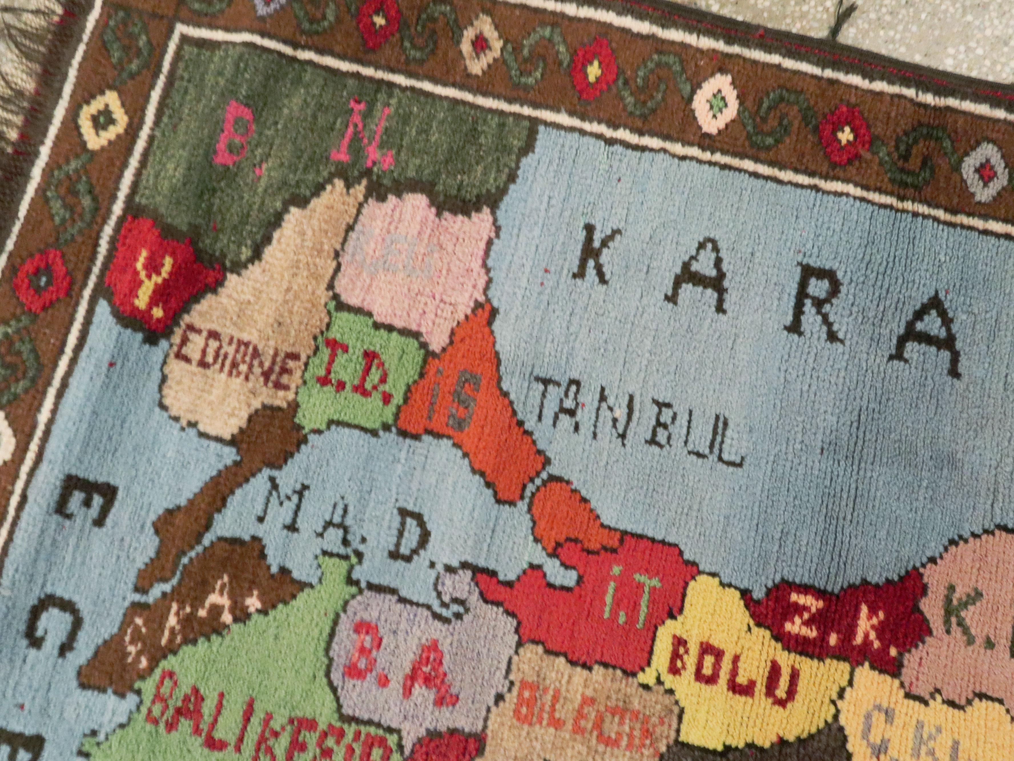 20th Century Vintage Turkish Map Rug For Sale