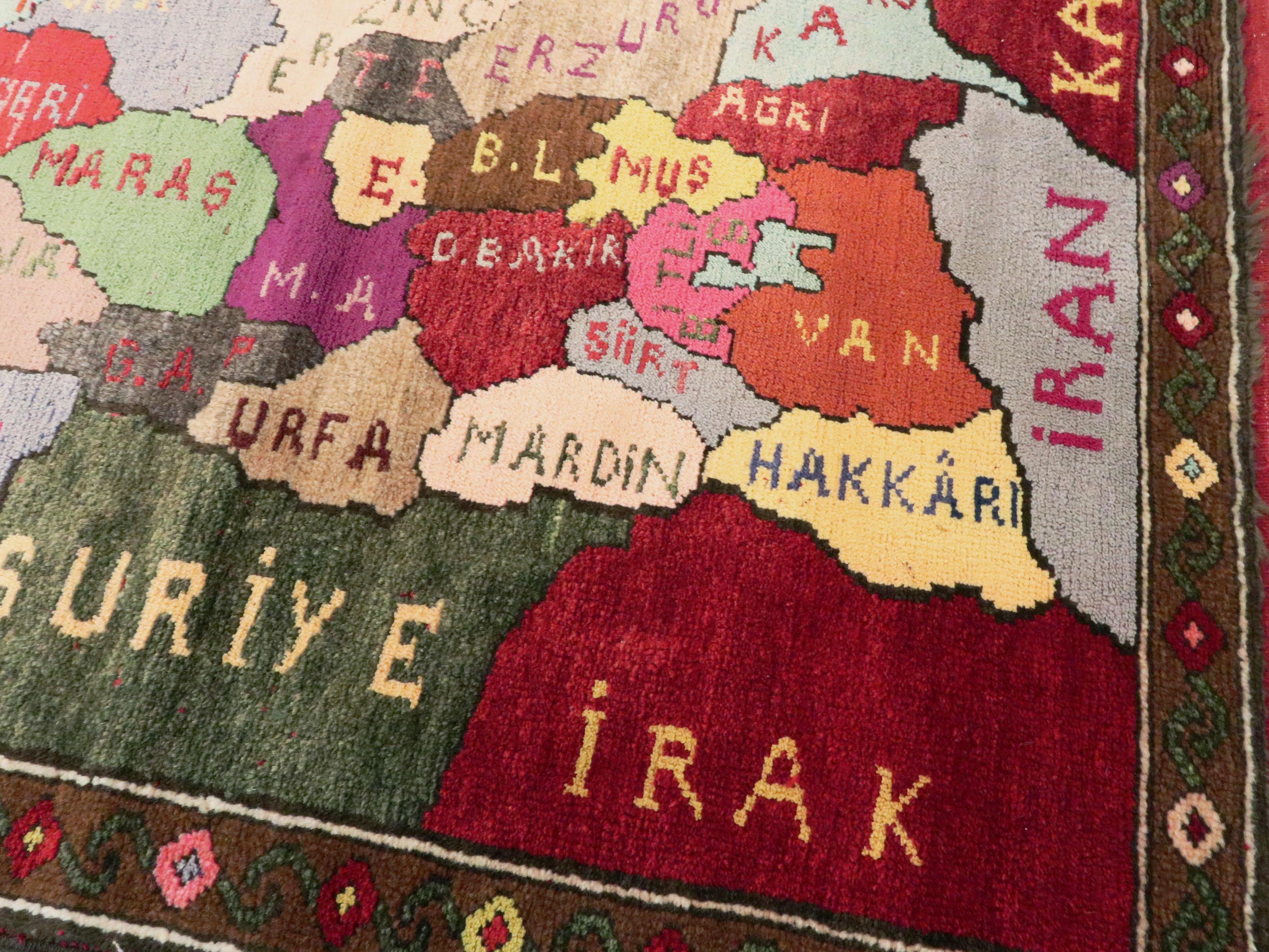 Wool Vintage Turkish Map Rug For Sale
