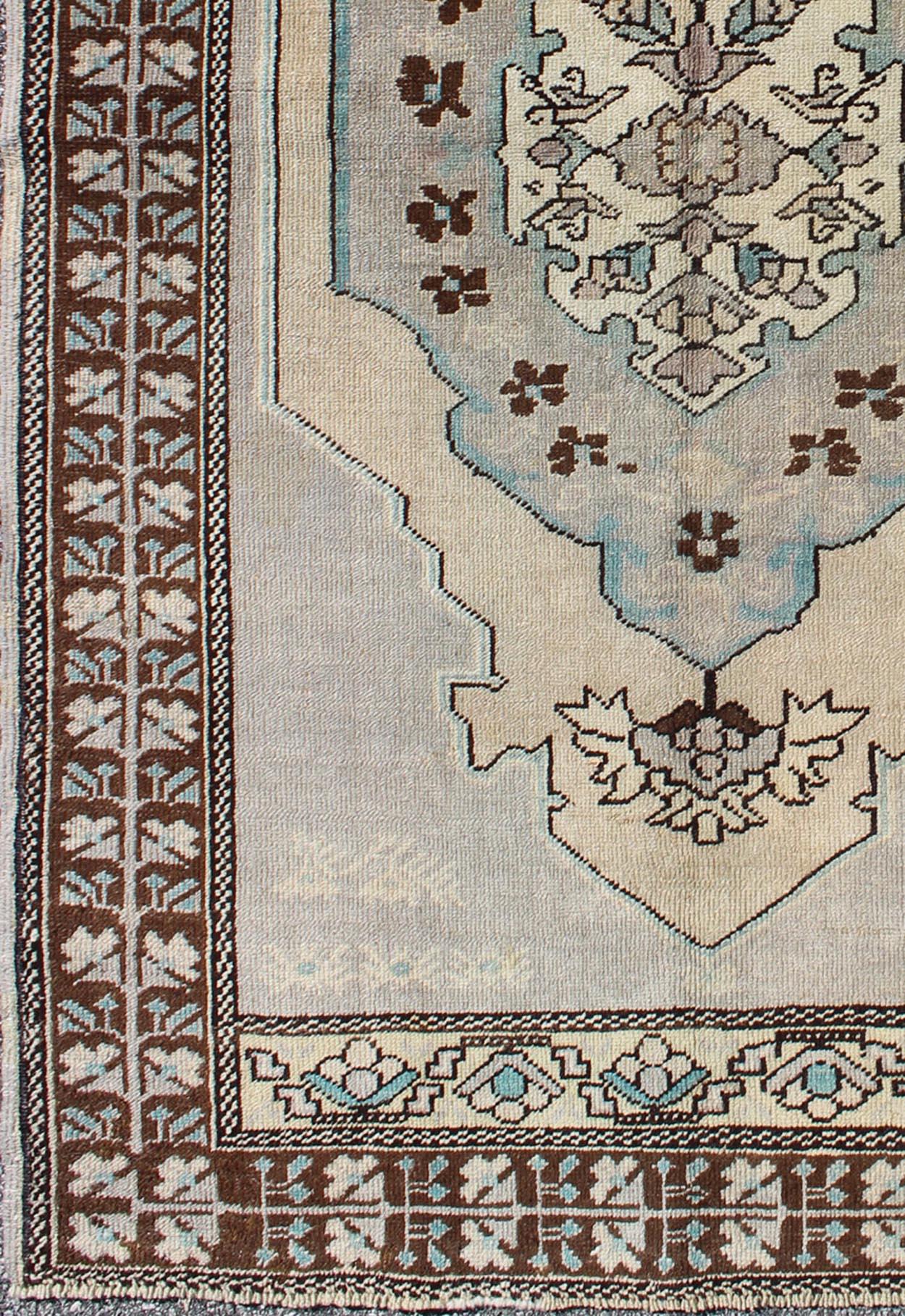 Hand-Knotted Vintage Turkish Medallion Oushak Area Rug in Gray, Taupe, Brown and Cream For Sale