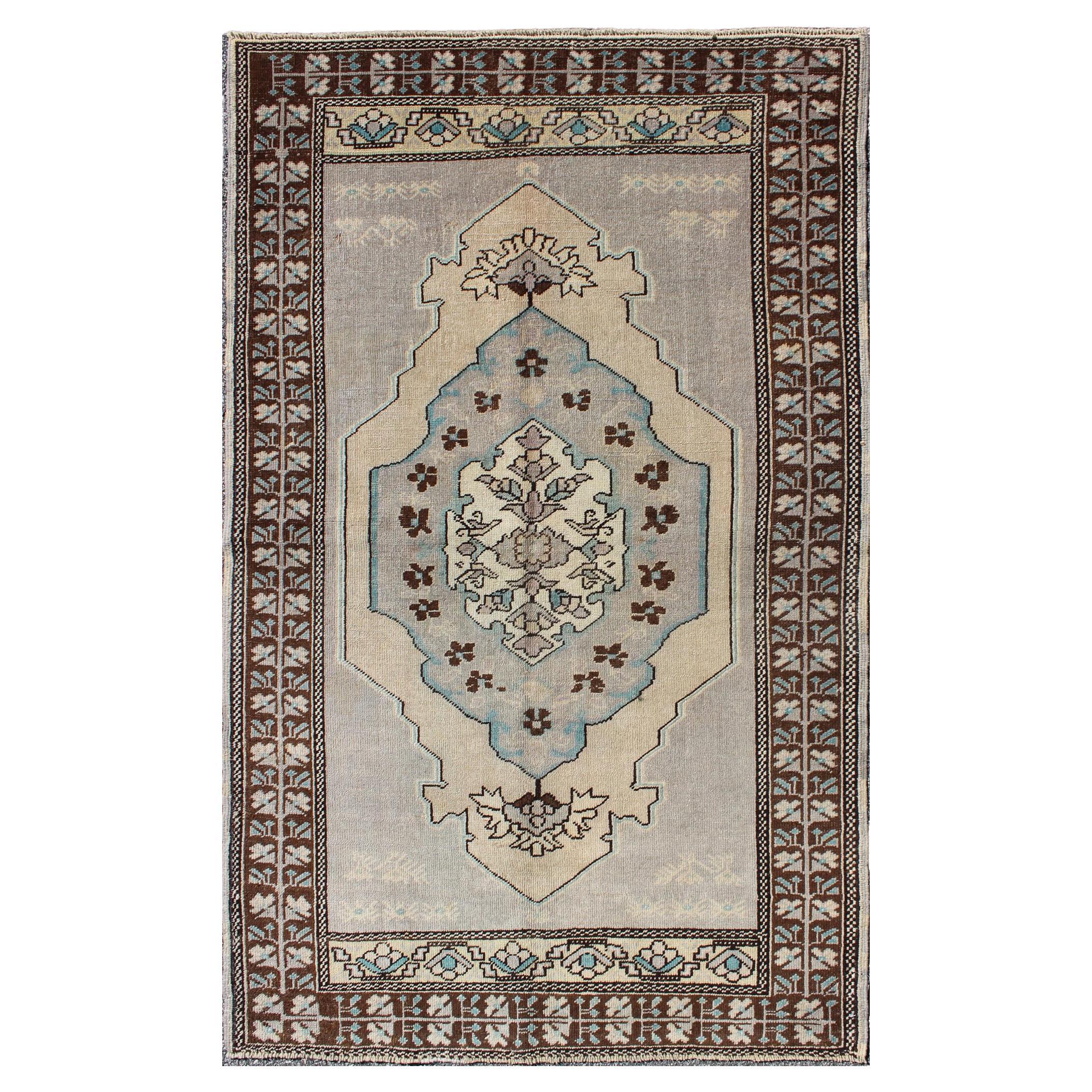 Vintage Turkish Medallion Oushak Area Rug in Gray, Taupe, Brown and Cream For Sale