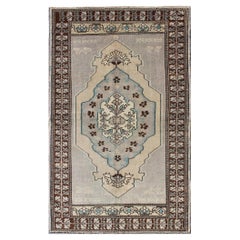 Vintage Turkish Medallion Oushak Area Rug in Gray, Taupe, Brown and Cream