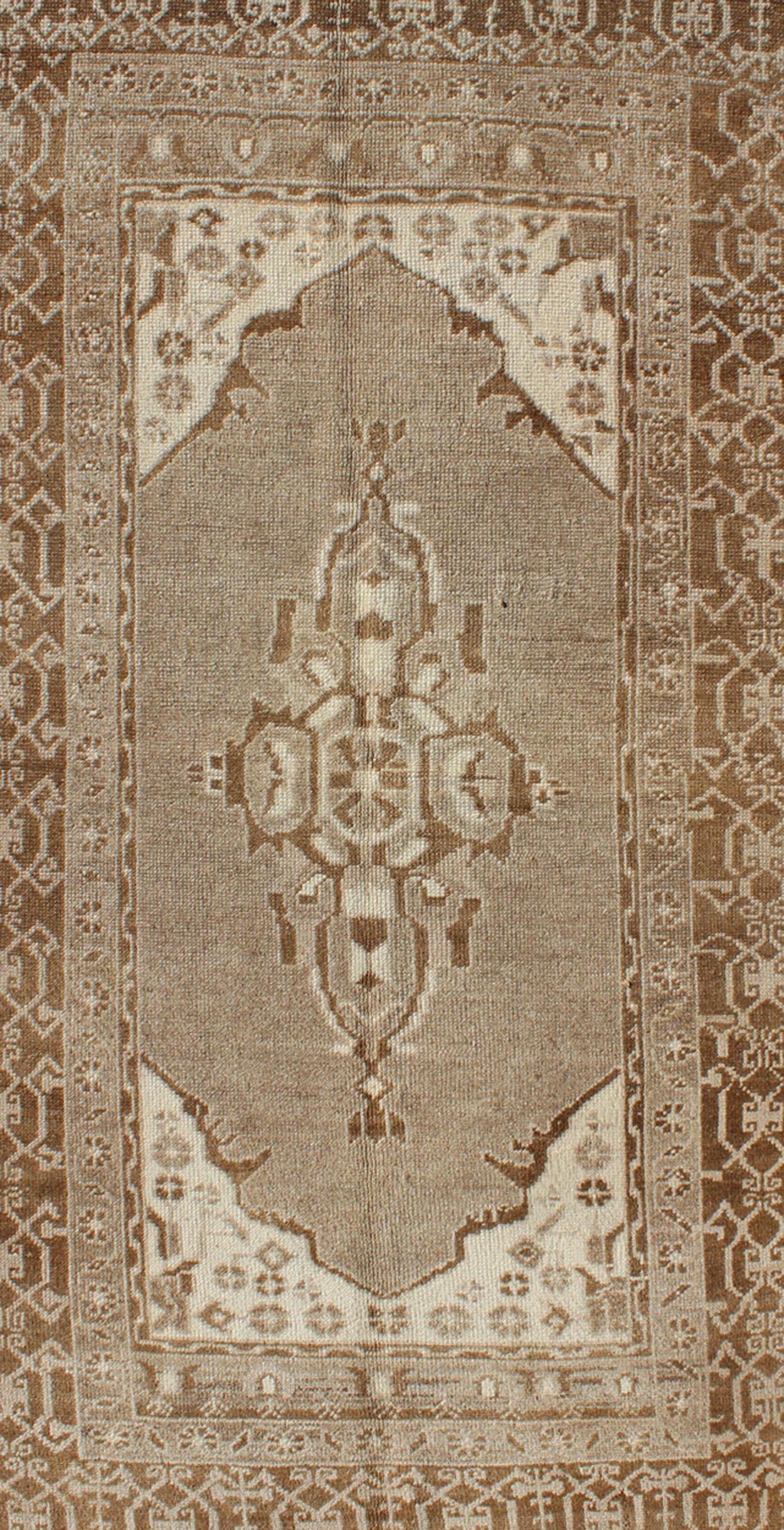 Wool Vintage Turkish Medallion Oushak Area Rug in Grey and Brown's For Sale