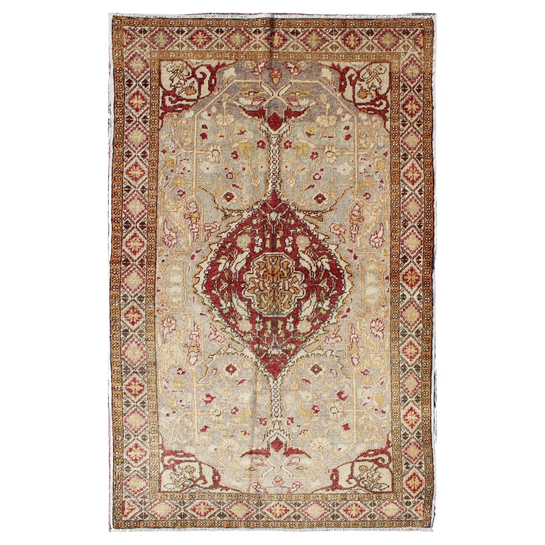 Vintage Turkish Medallion Oushak Area Rug in Red, Taupe, Gold, and Cocoa