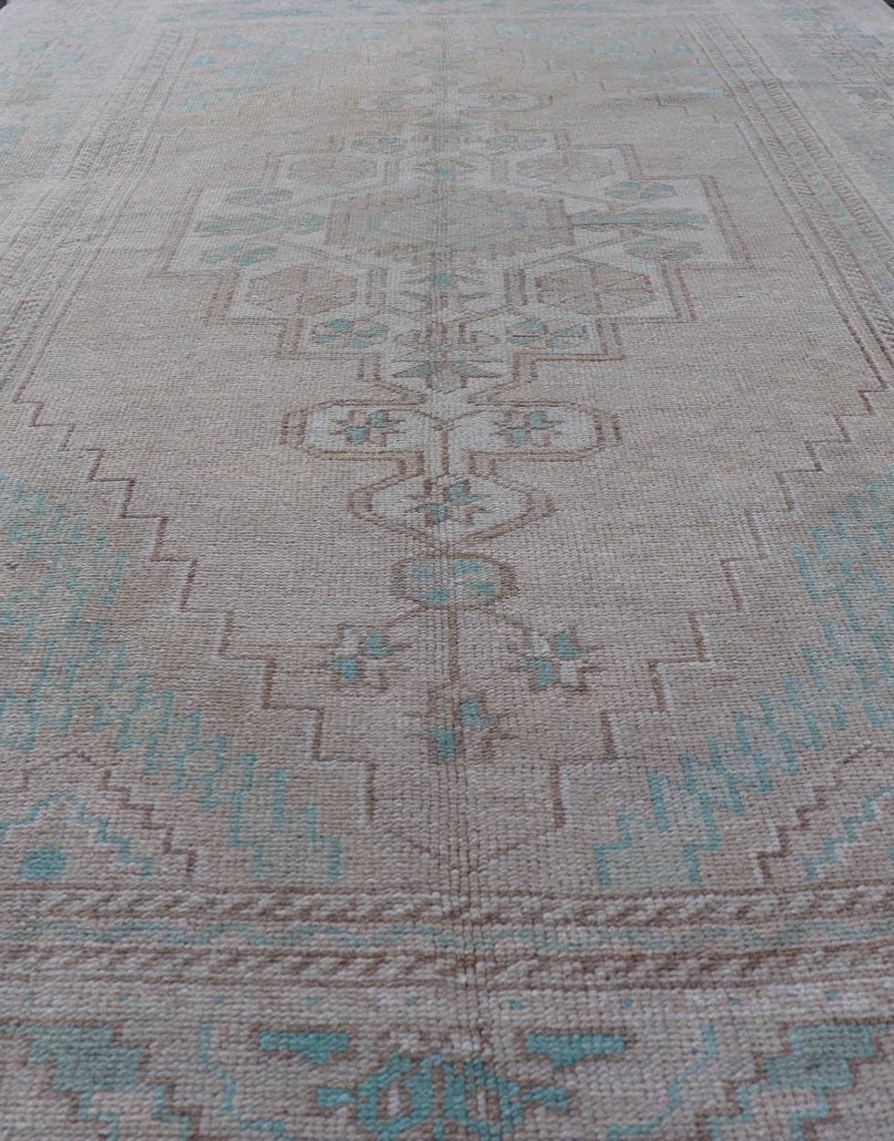 20th Century Vintage Turkish Medallion Oushak Area Rug in Tan, Taupe, Pink, and Green For Sale
