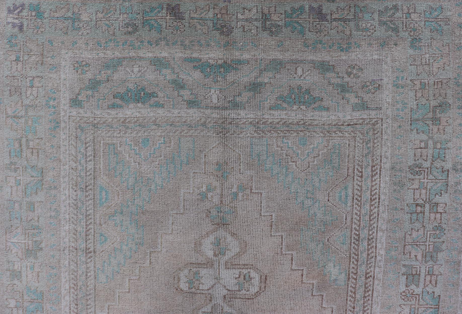 Vintage Turkish Medallion Oushak Area Rug in Tan, Taupe, Pink, and Green For Sale 1
