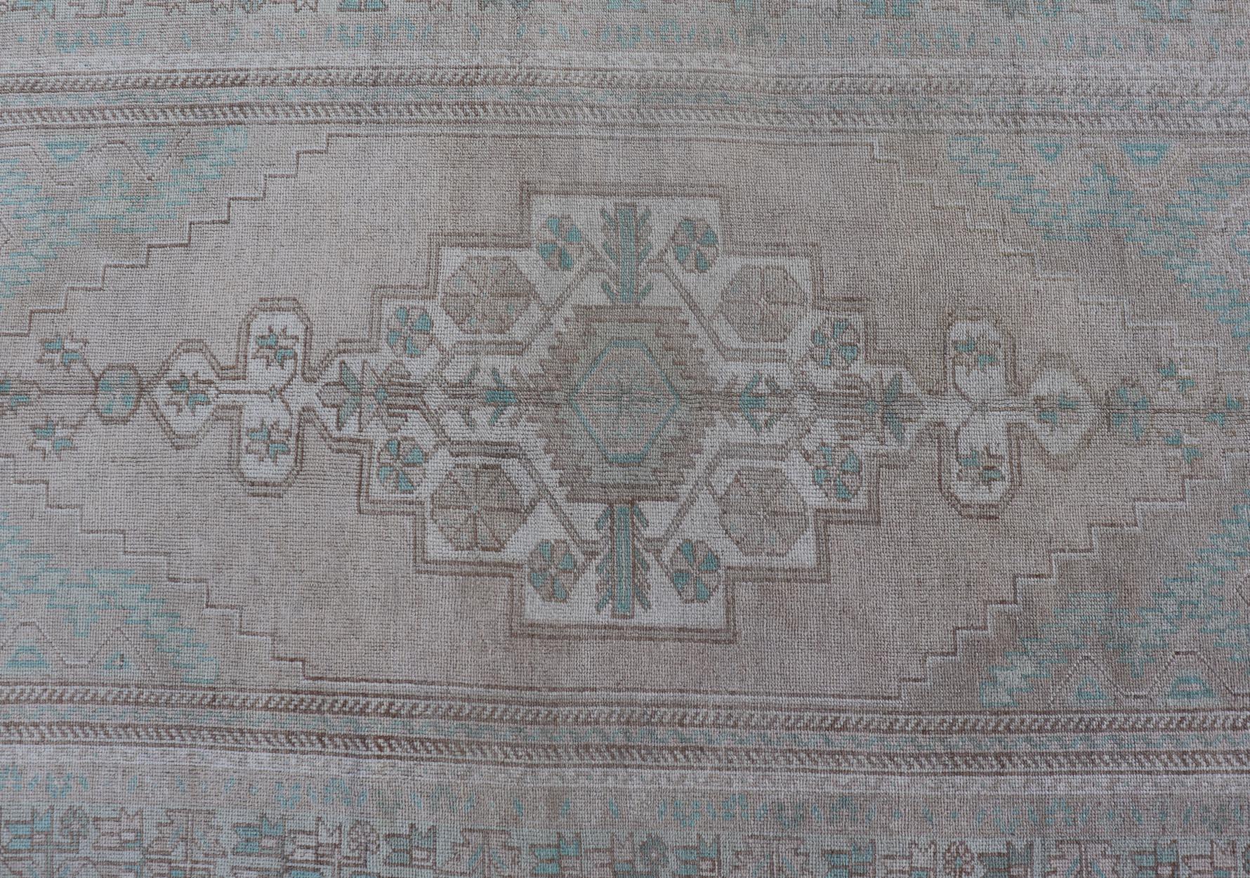 Vintage Turkish Medallion Oushak Area Rug in Tan, Taupe, Pink, and Green For Sale 3