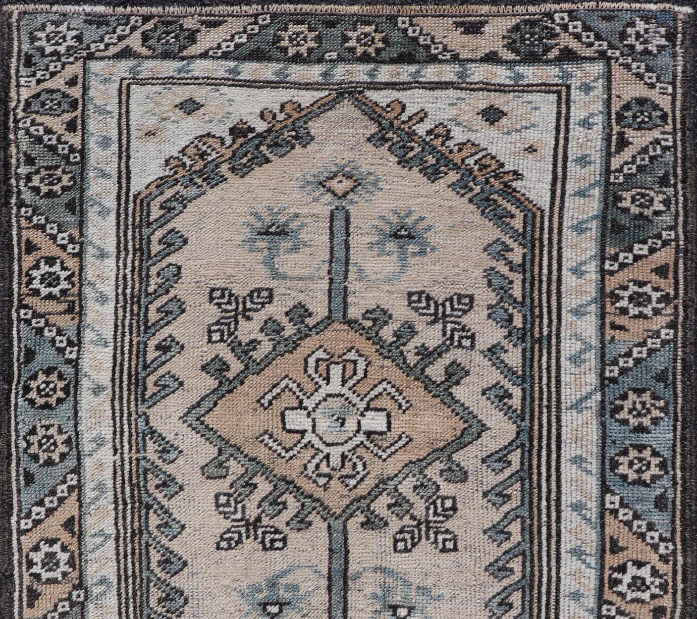 Hand-Knotted Vintage Turkish Medallion Oushak Area Rug in Various Blue, Taupe, Brown & Cream
