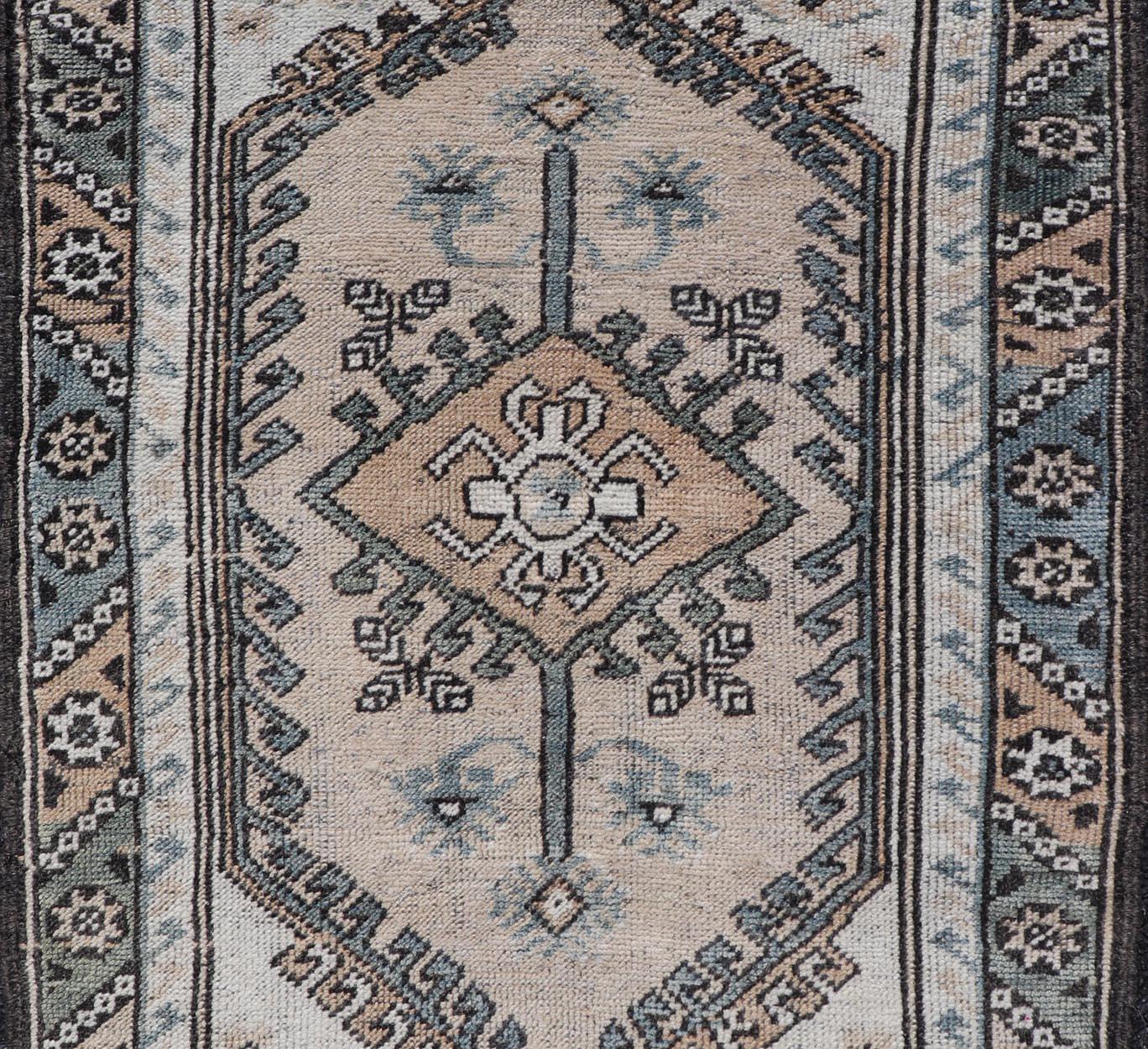 Vintage Turkish Medallion Oushak Area Rug in Various Blue, Taupe, Brown & Cream In Good Condition In Atlanta, GA