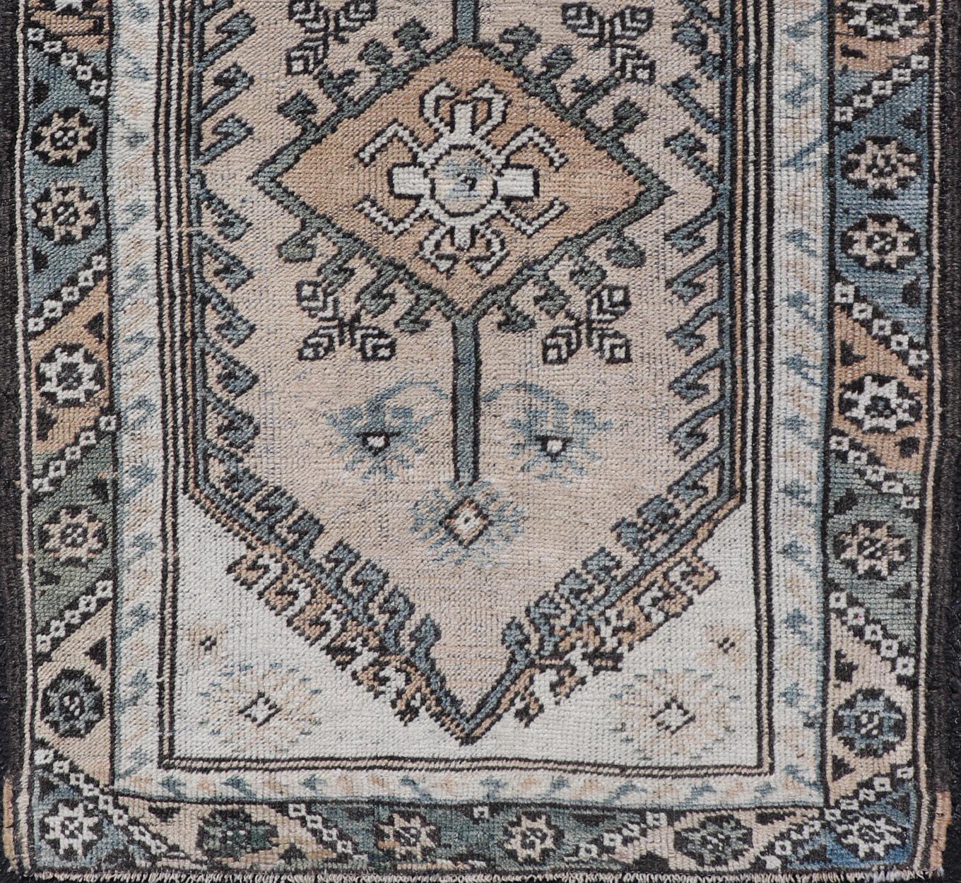 20th Century Vintage Turkish Medallion Oushak Area Rug in Various Blue, Taupe, Brown & Cream