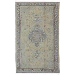 Vintage Turkish Medallion Oushak in Muted Yellow, Blue, Green, Peach & Lilac