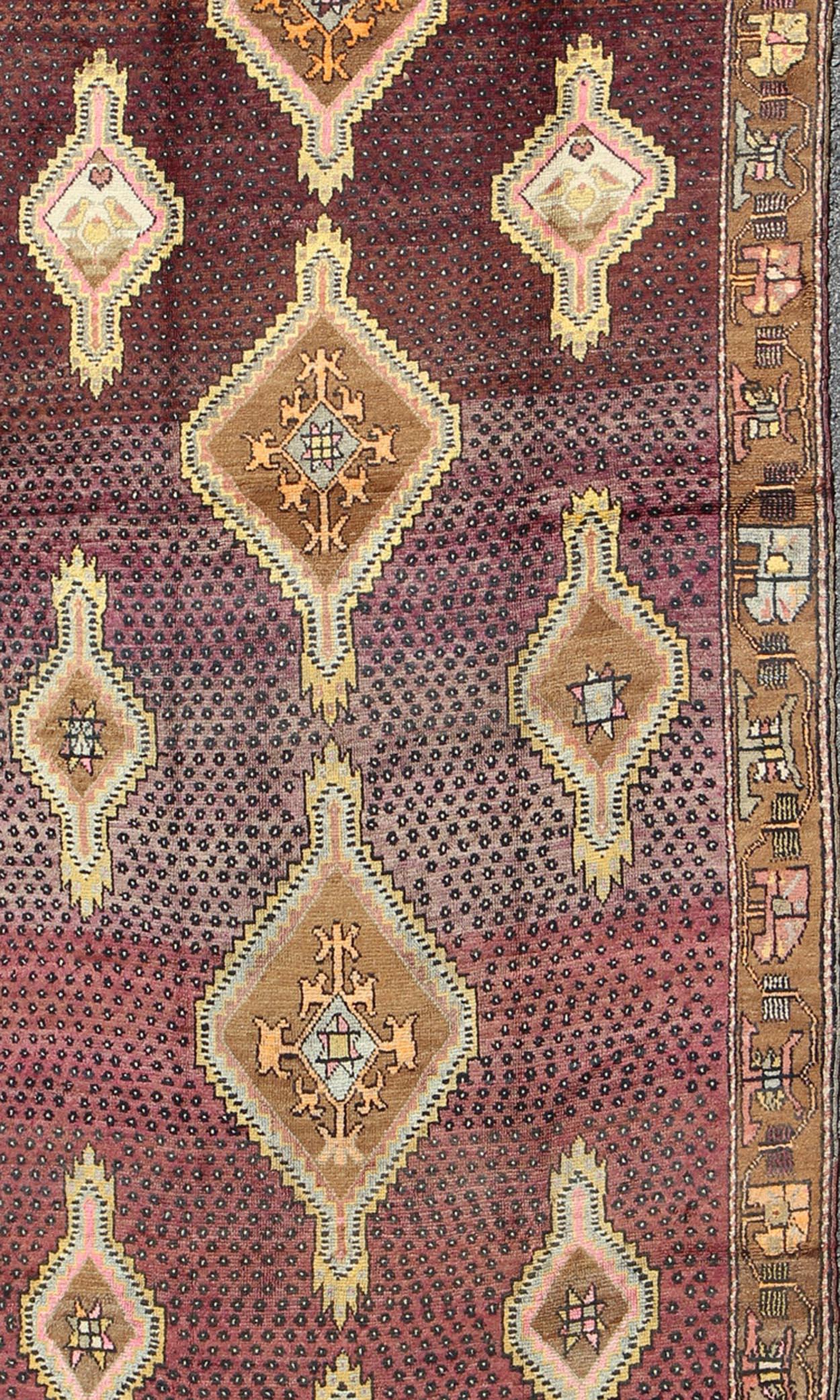 Hand-Knotted Vintage Turkish Medallion Oushak Kars Gallery Runner in Gold and Burgundy For Sale