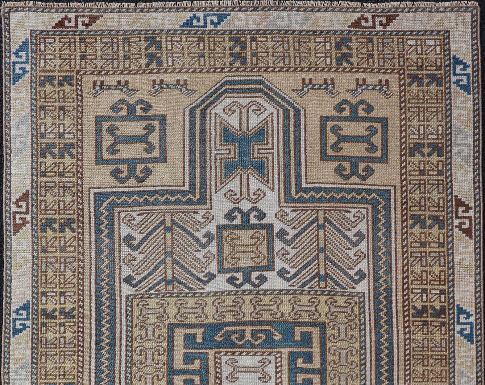 Turco Tappeto vintage Oushak a medaglioni turchi in blu, moka e taupe  3'5