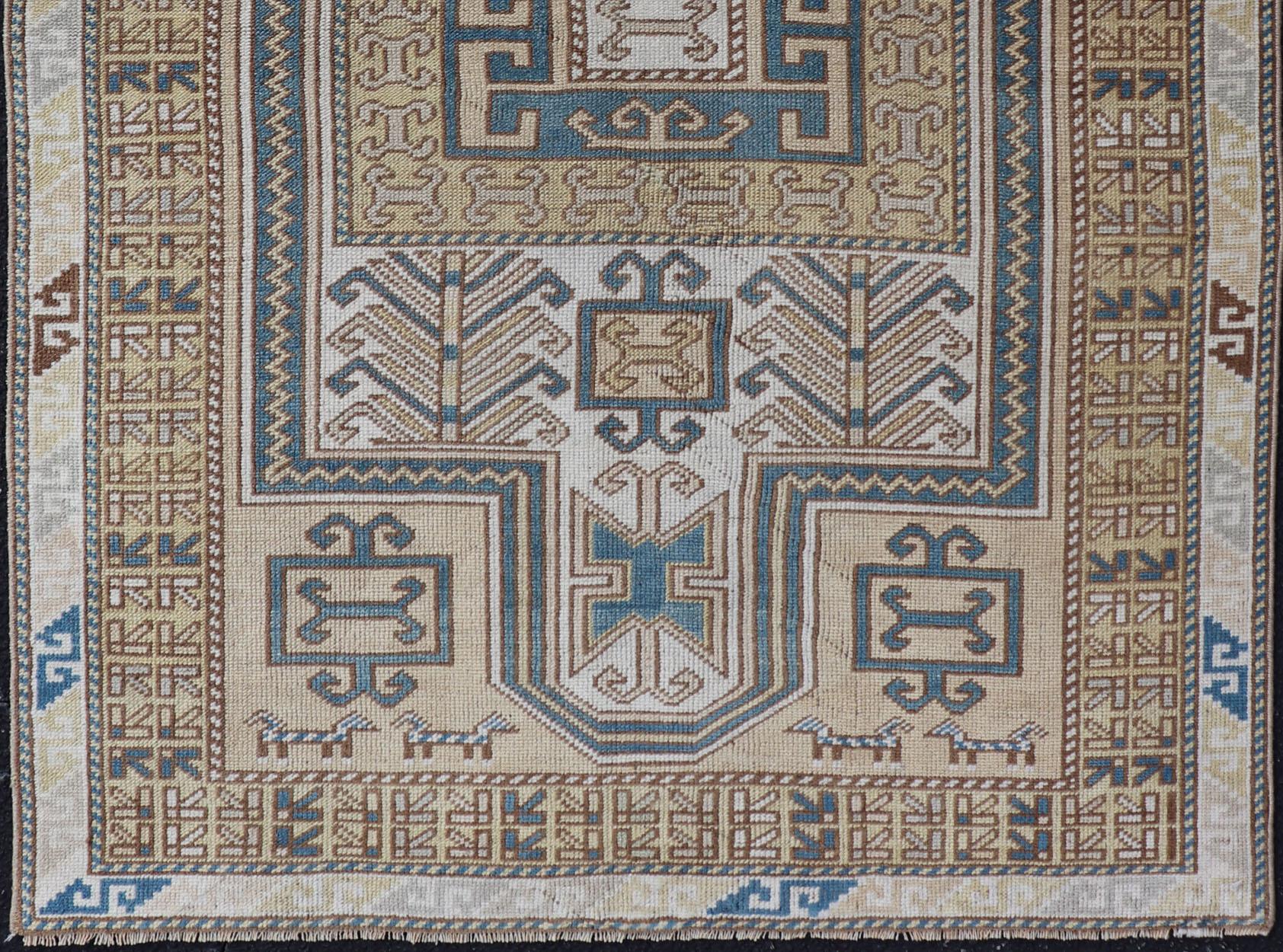 Tappeto vintage Oushak a medaglioni turchi in blu, moka e taupe  3'5