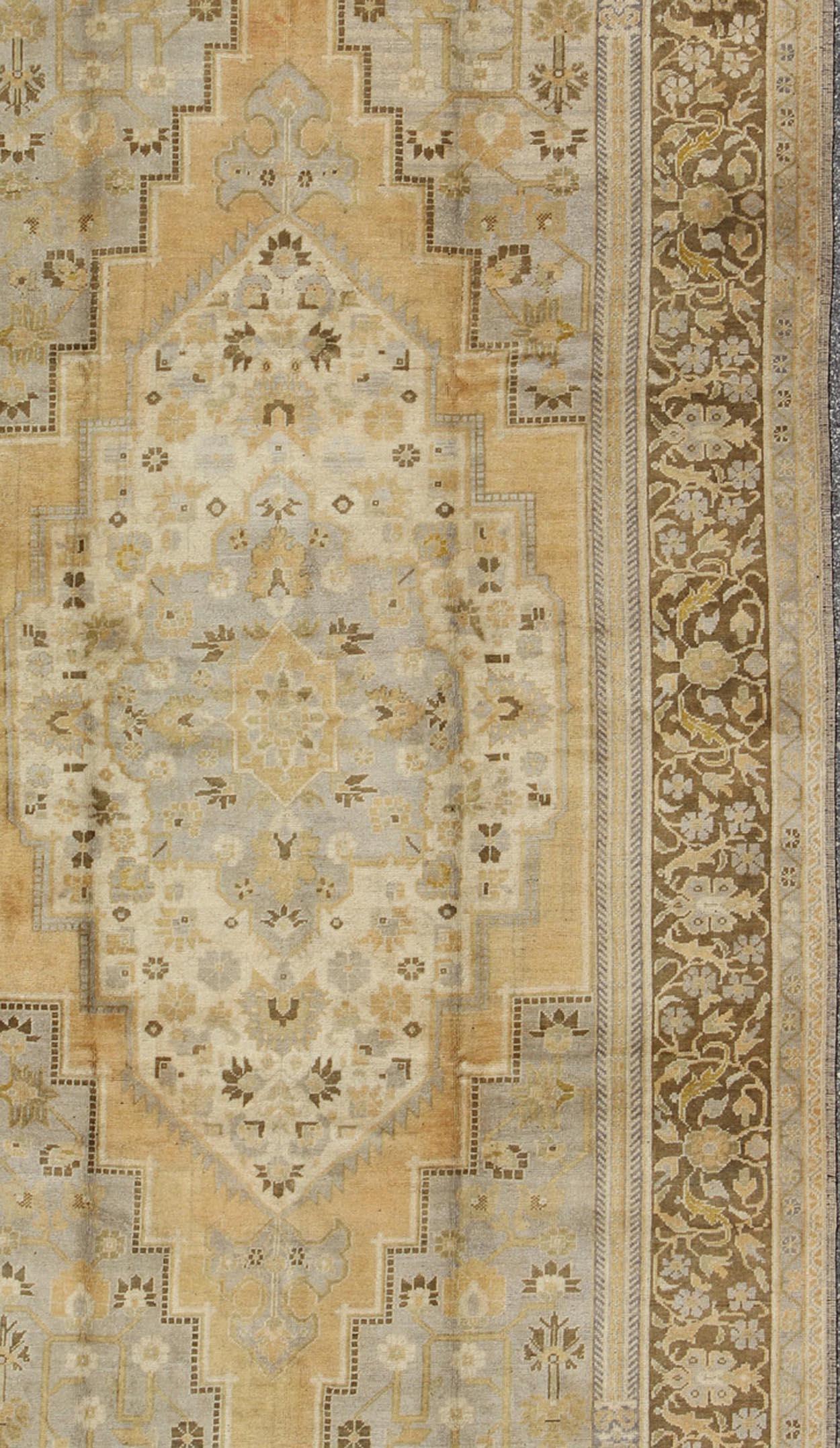 20th Century Vintage Turkish Medallion Oushak Rug in Gold, Taupe, Cream and Cocoa For Sale