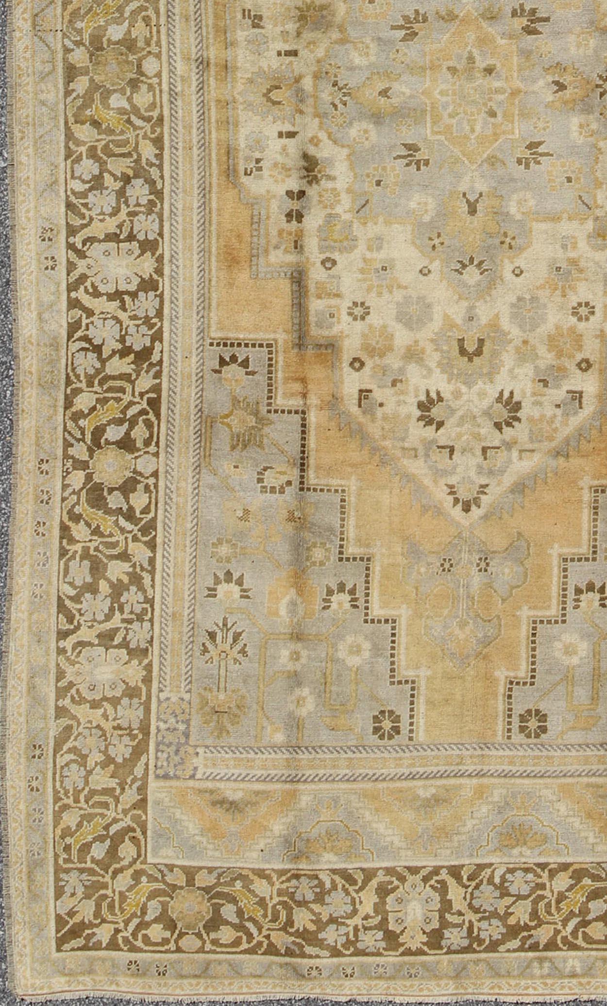 Wool Vintage Turkish Medallion Oushak Rug in Gold, Taupe, Cream and Cocoa For Sale