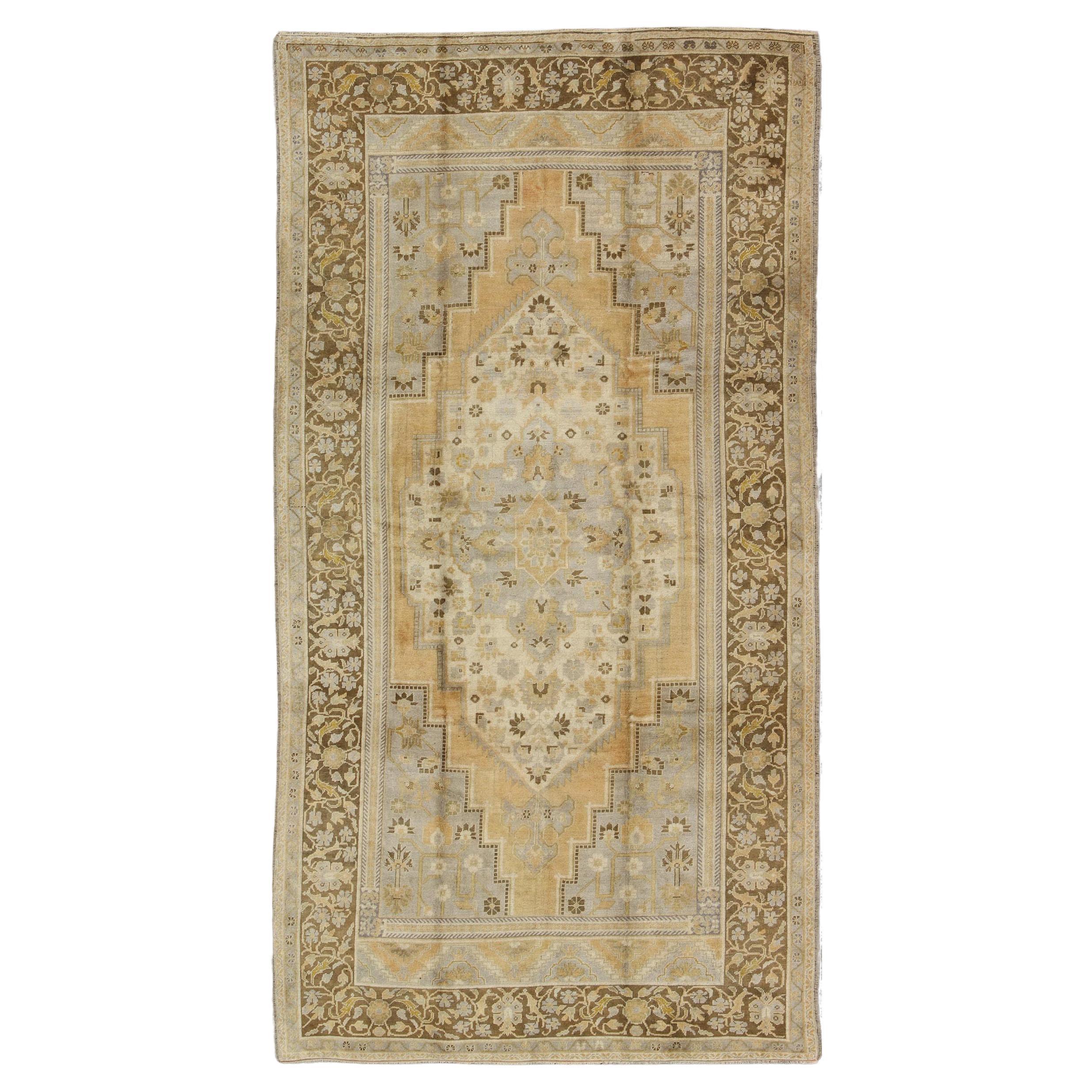 Vintage Turkish Medallion Oushak Rug in Gold, Taupe, Cream and Cocoa For Sale