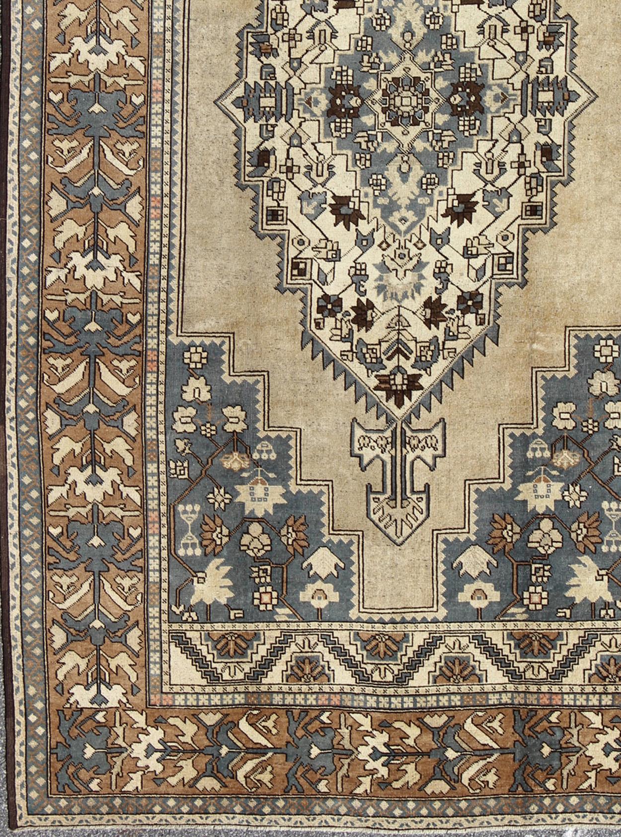 Hand-Knotted Vintage Turkish Medallion Oushak Rug in Rustic Blue, Mocha, and Taupe For Sale