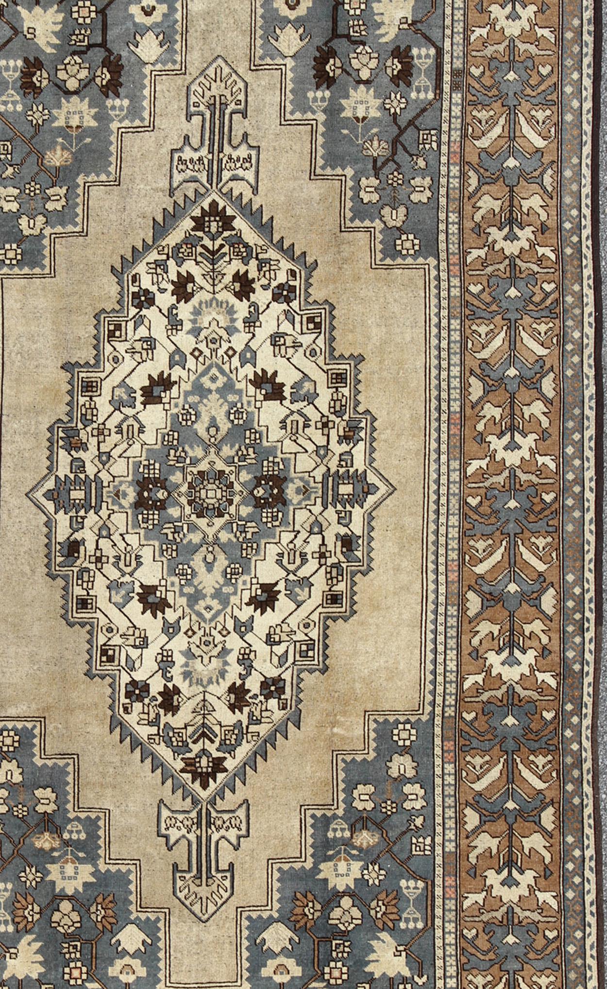 Vintage Turkish Medallion Oushak Rug in Rustic Blue, Mocha, and Taupe In Good Condition For Sale In Atlanta, GA