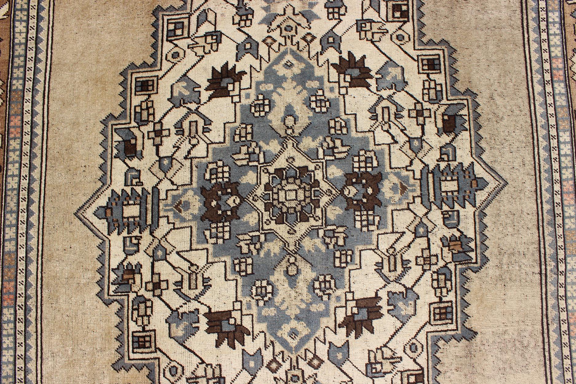 Wool Vintage Turkish Medallion Oushak Rug in Rustic Blue, Mocha, and Taupe For Sale