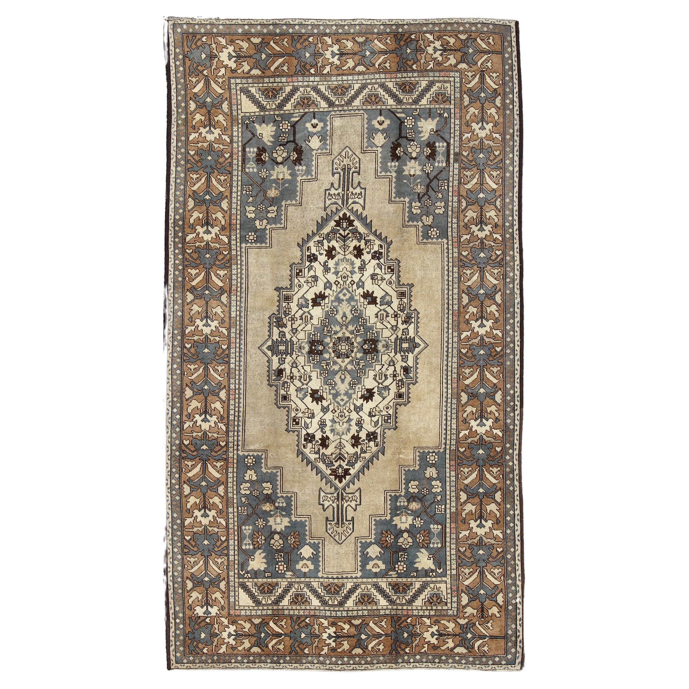 Vintage Turkish Medallion Oushak Rug in Rustic Blue, Mocha, and Taupe