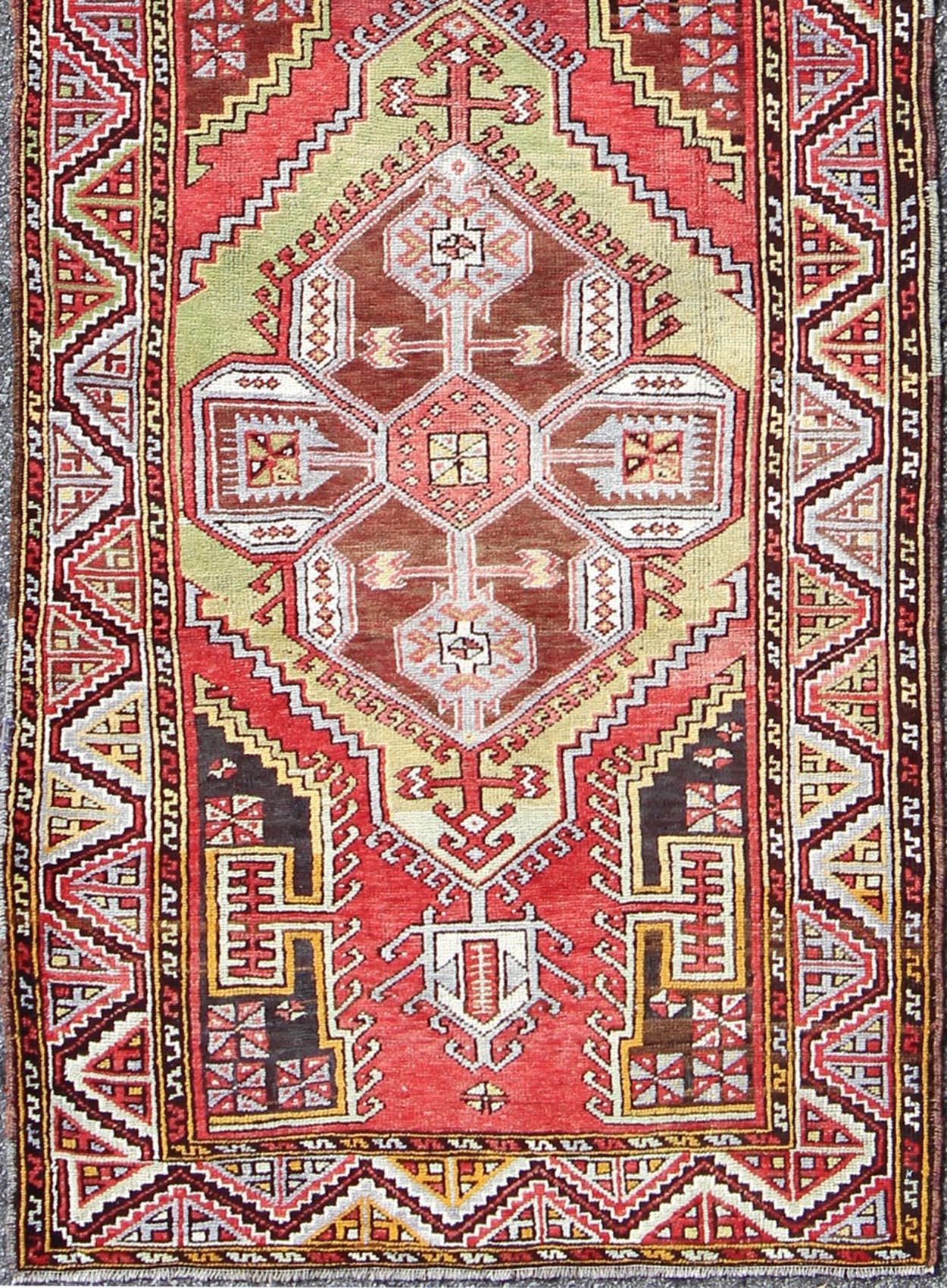 Oushak Vintage Turkish Medallion Runner with Large Medallions in Rose Red, Yellow Green For Sale