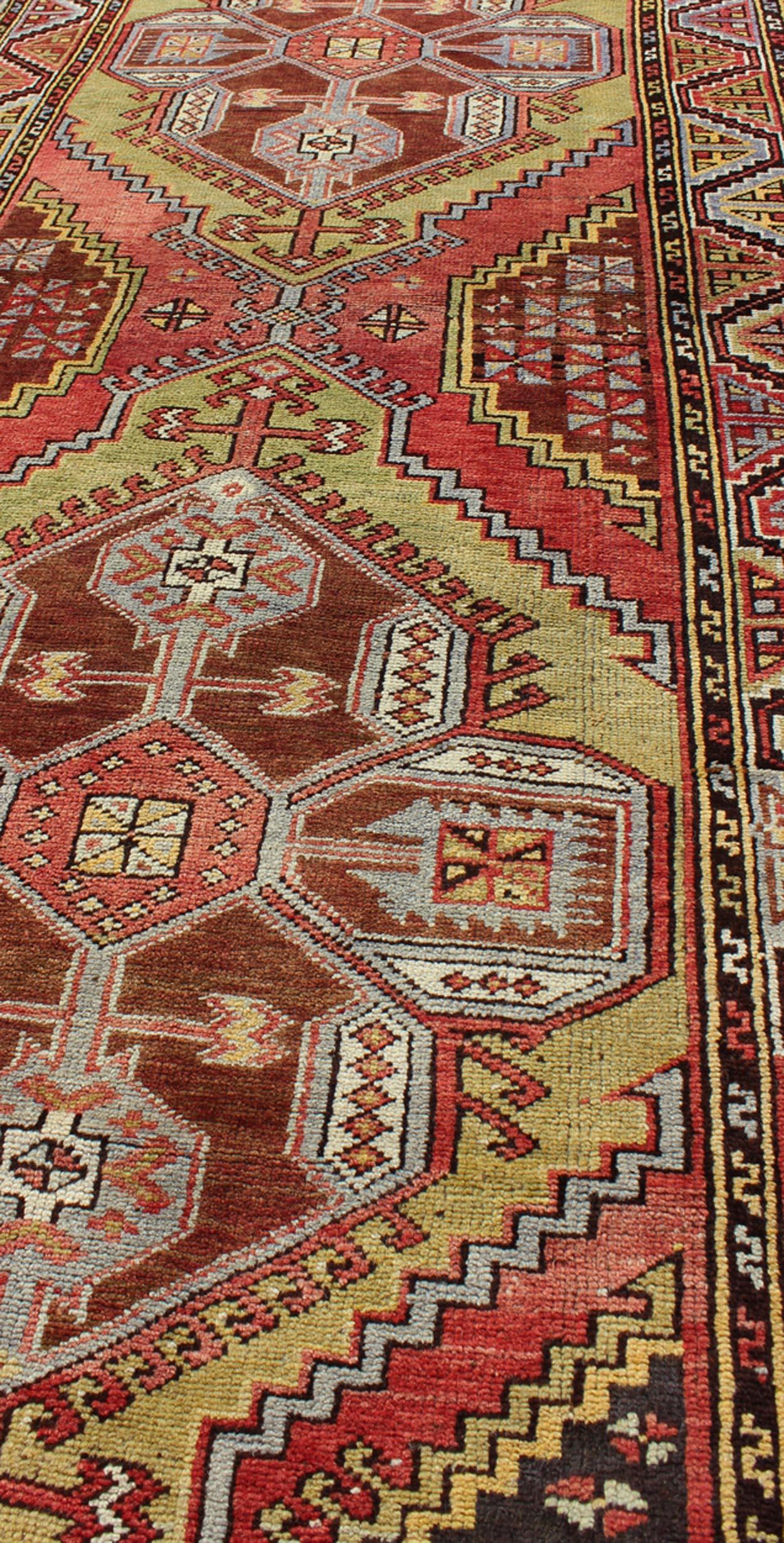 Vintage Turkish Medallion Runner with Large Medallions in Rose Red, Yellow Green For Sale 1