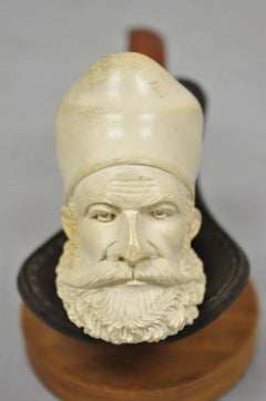 Vintage Turkish Meerschaum Figural Hand Carved Bearded Man Pipe on Walnut Stand