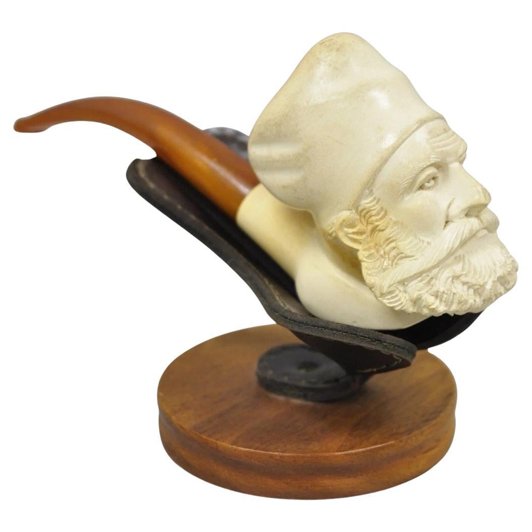 Pipa Meerschaum turca d
epoca con figura di uomo barbuto intagliato a mano e supporto in noce