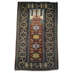Vintage Turkish Melas Prayer Area Rug in Chocolate Brown, Butter Yellow, Ivory
