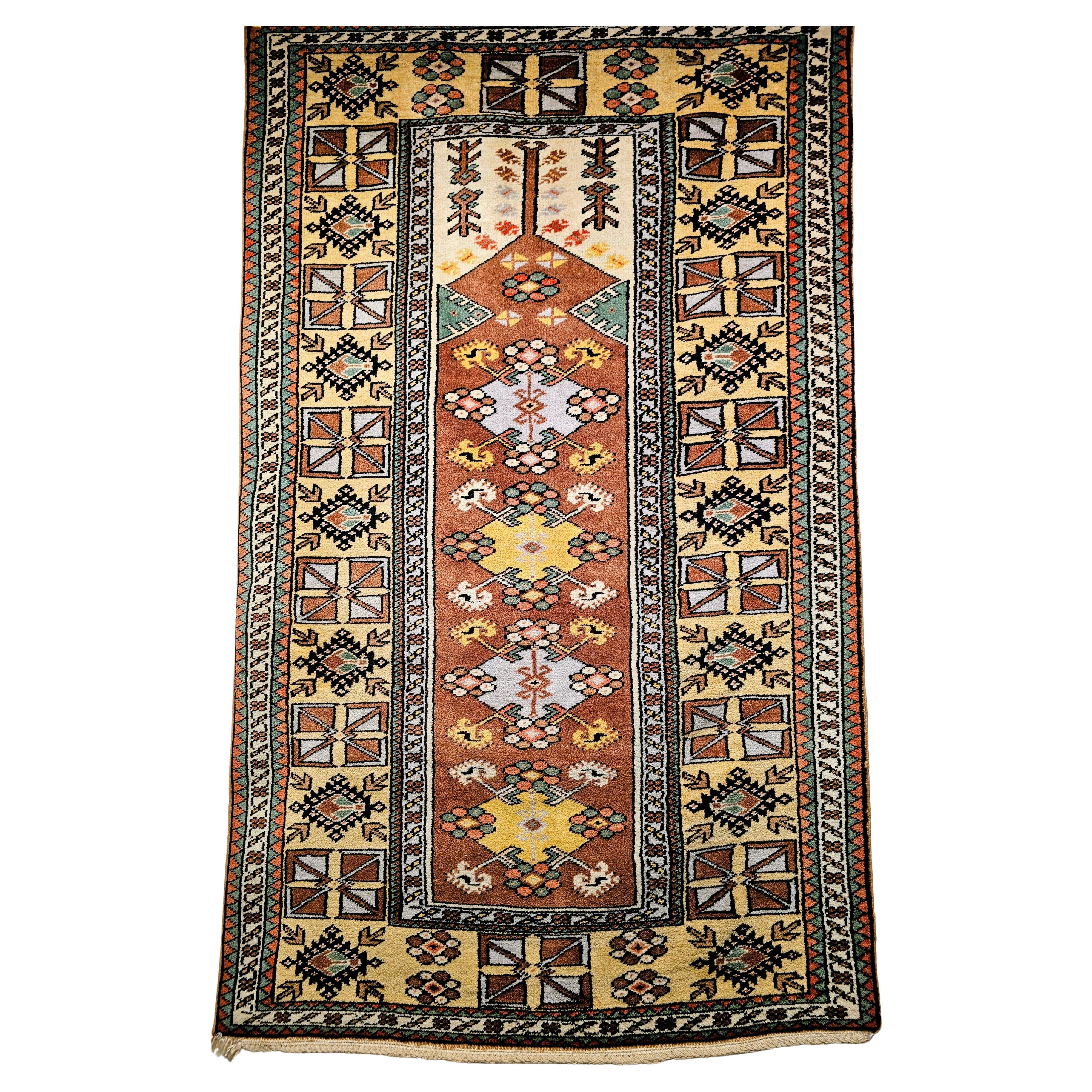 Vintage Turkish Melas Prayer Area Rug in Chocolate Brown, Butter Yellow, Ivory For Sale