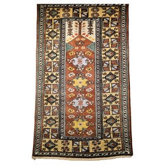 Tappeto vintage turco Melas Prayer in marrone cioccolato, giallo burro e avorio