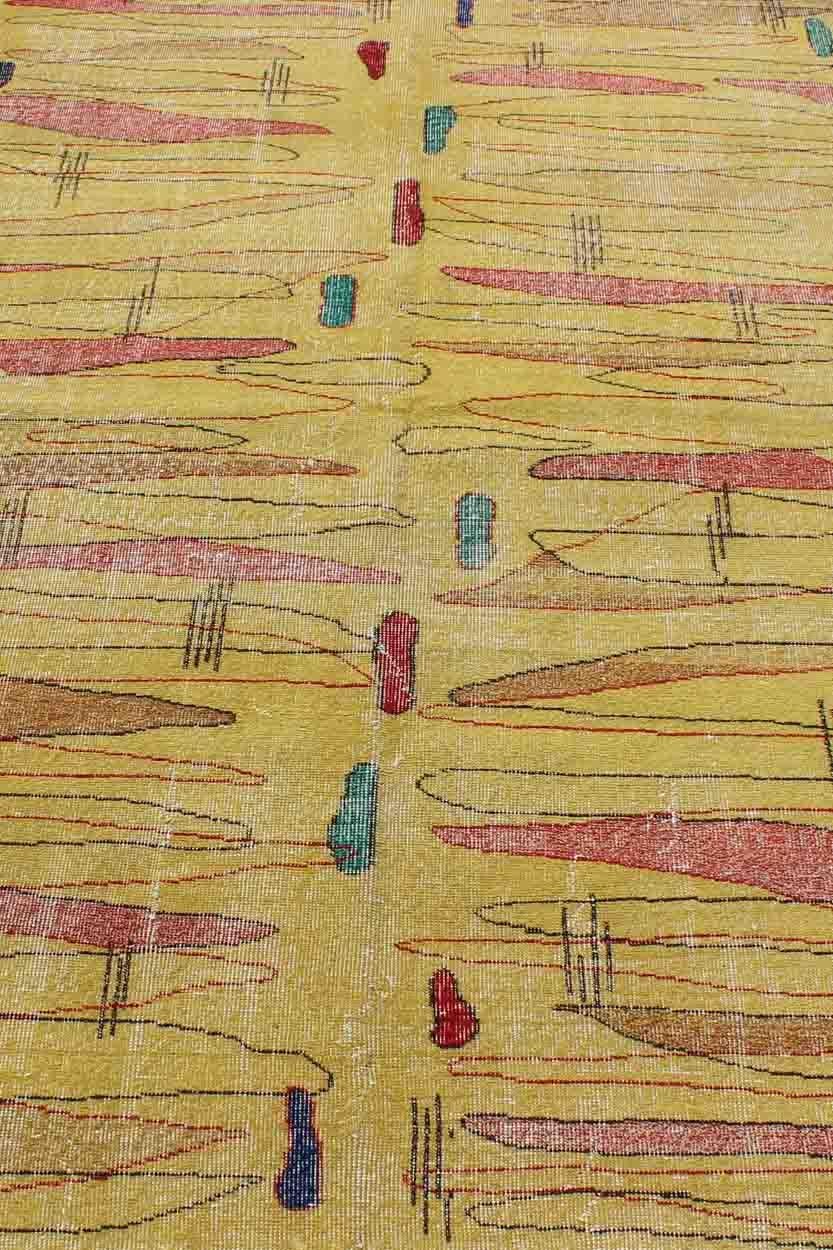 Vintage Turkish Mid-Century Modern Rug in Yellow Color and Modern Design For Sale 4