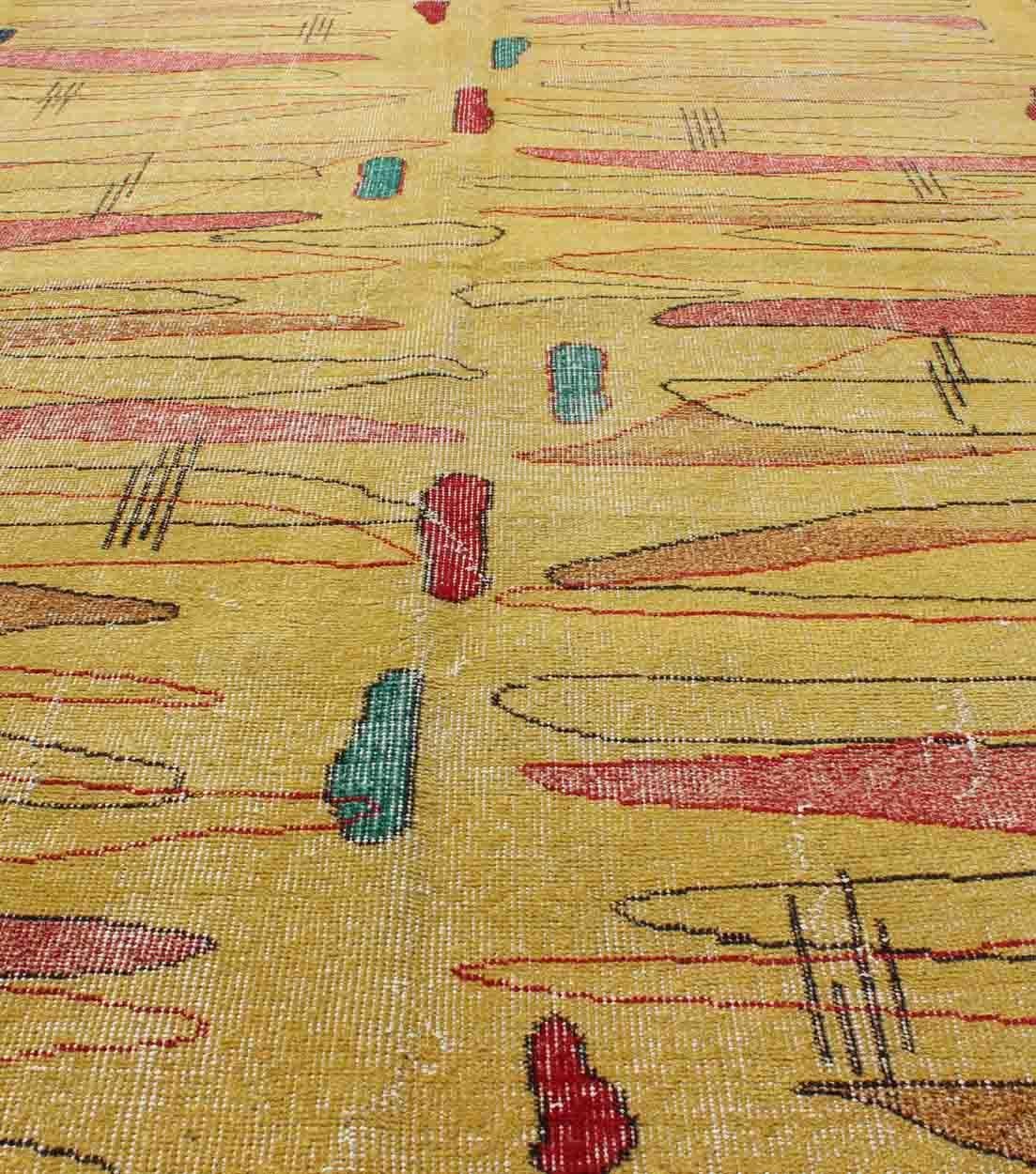 Vintage Turkish Mid-Century Modern Rug in Yellow Color and Modern Design For Sale 5