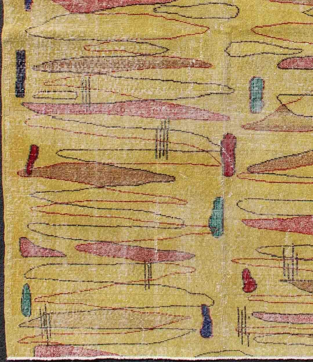 This beautiful Turkish Mid-Century Modern design piece from the 1960s features a yellow background with a unique, etched, multicolored pattern, being well-suited for any modern room or modern interiors.

Vintage Turkish Mid-Century Modern with