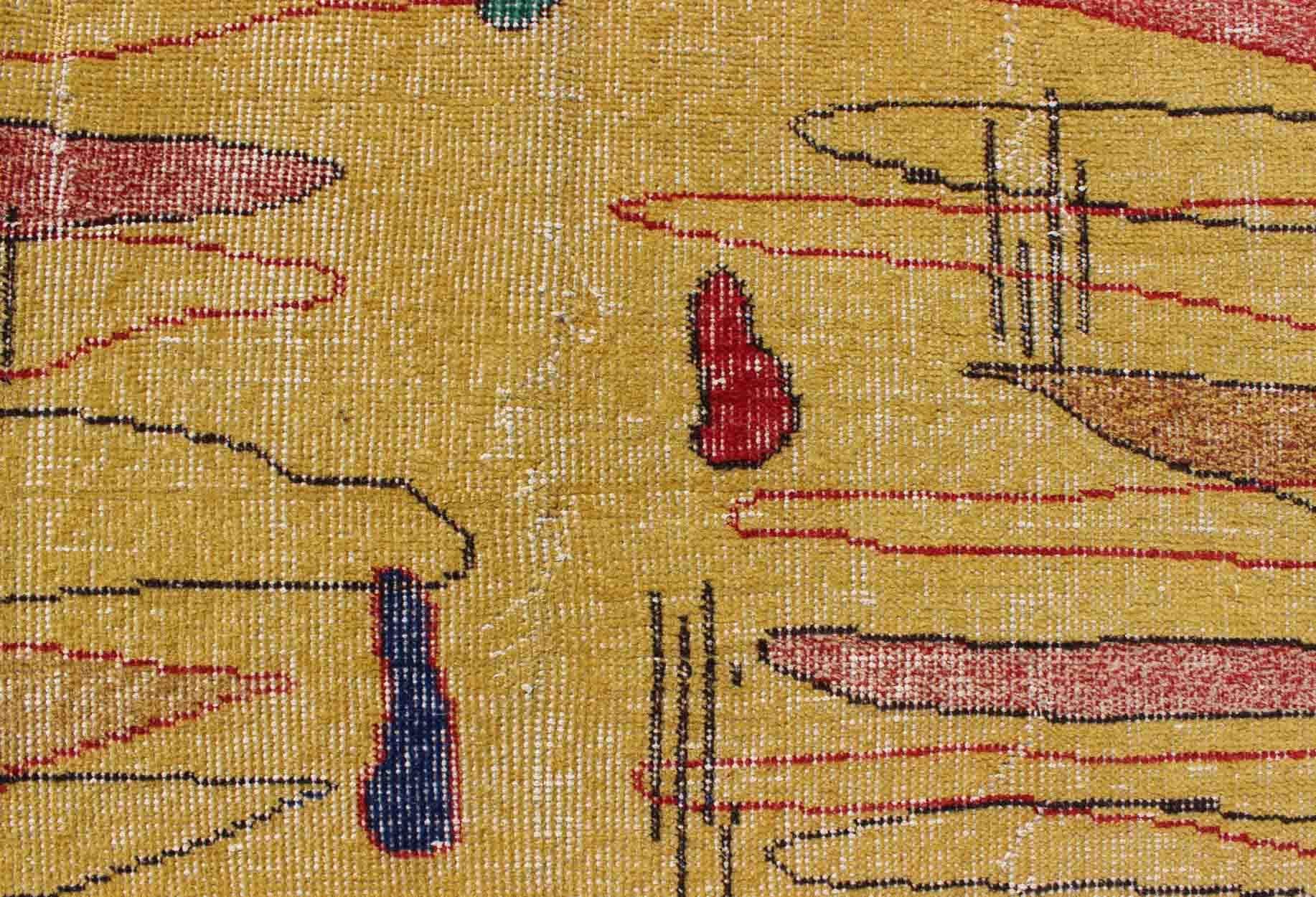 Vintage Turkish Mid-Century Modern Rug in Yellow Color and Modern Design For Sale 2