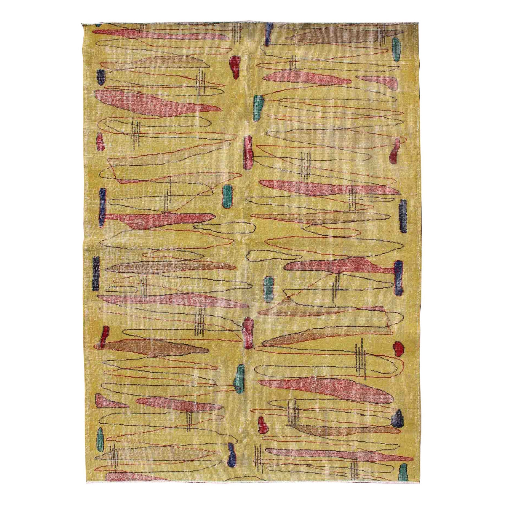 Tapis turc vintage moderne du milieu du siècle dernier de couleur jaune et de design moderne