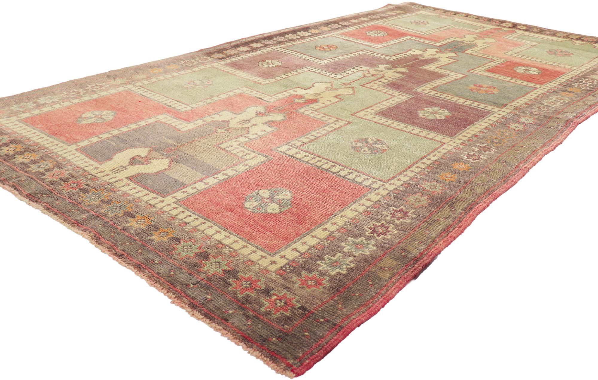51806 Vintage Turkish Prayer Rug, 04’02 x 07’10. Turkish prayer rugs are specialized carpets used by Muslims during their prayers, featuring a design with a niche, or mihrab, pointing towards the Kaaba in Mecca. These rugs are renowned for their