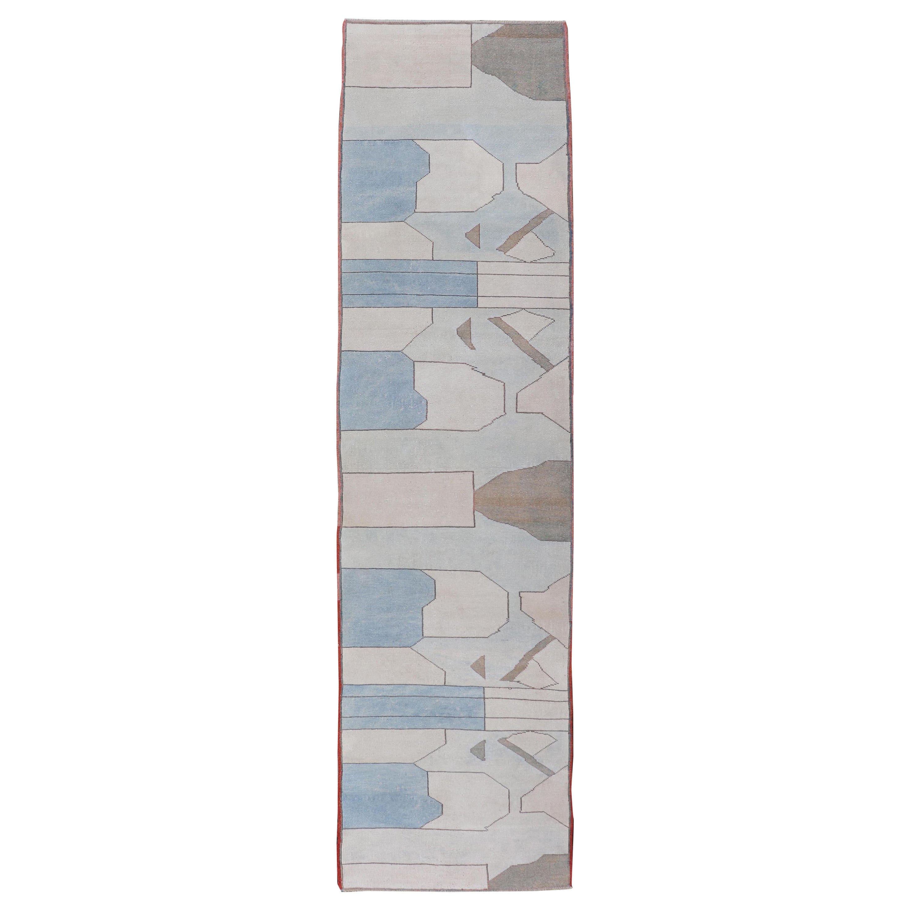 Runner turco moderno d'epoca in stile Art Deco con morbide tonalità pastello 2'7 x 11'1
