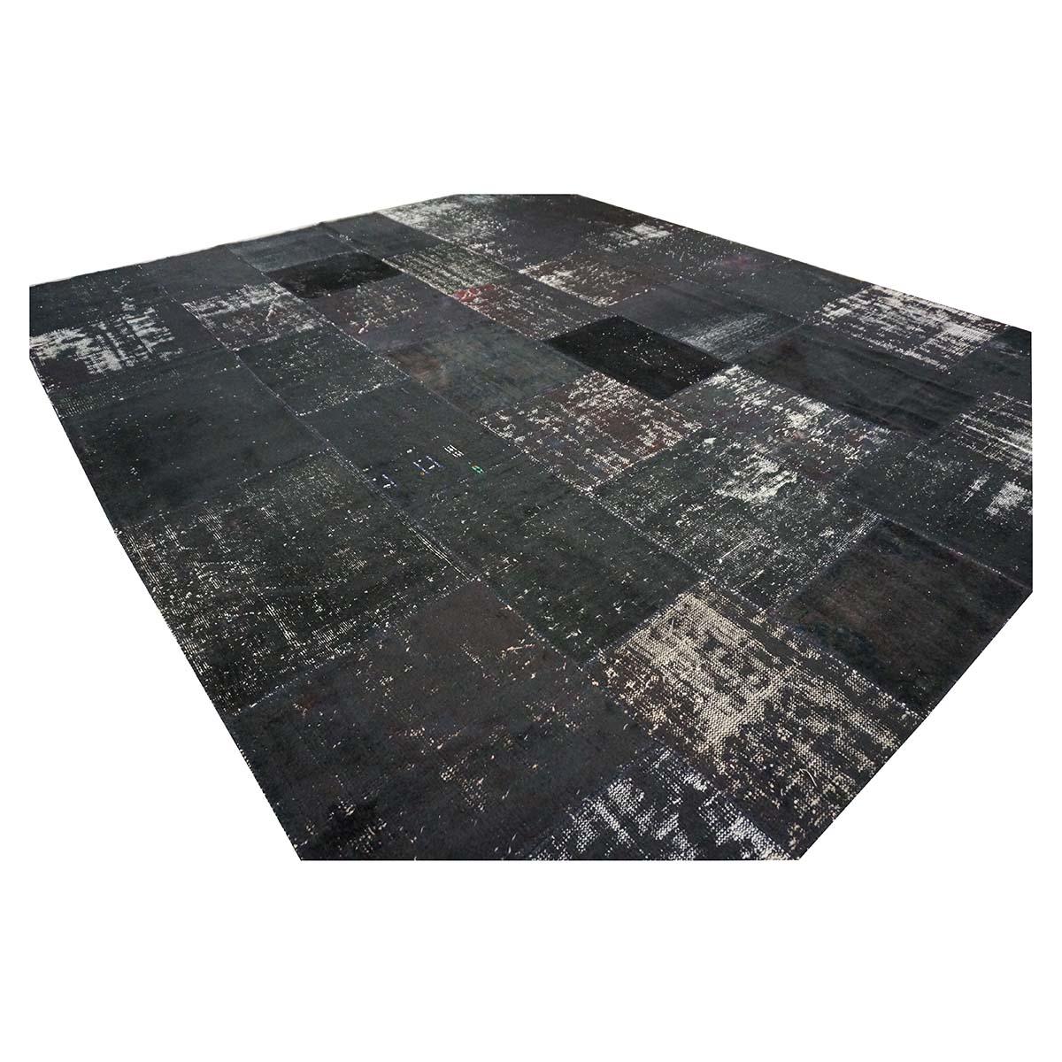 Vintage Turkish Modern Patchwork 10x13 Black Distressed Handmade Area Rug In Good Condition For Sale In Houston, TX