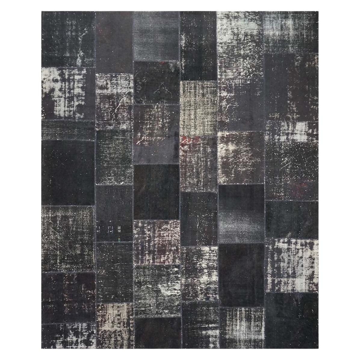 Türkischer moderner Patchwork-Teppich im Vintage-Stil 10x13 in Schwarz, handgefertigt, im Used-Look