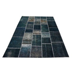 Vintage Turkish Modern Patchwork 6x8 Blue Distressed Handmade Area Rug