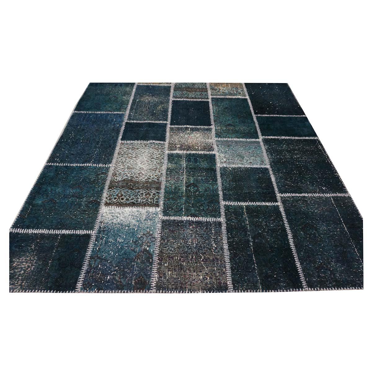 Hand-Woven Vintage Turkish Modern Patchwork 6x8 Blue Distressed Handmade Area Rug For Sale