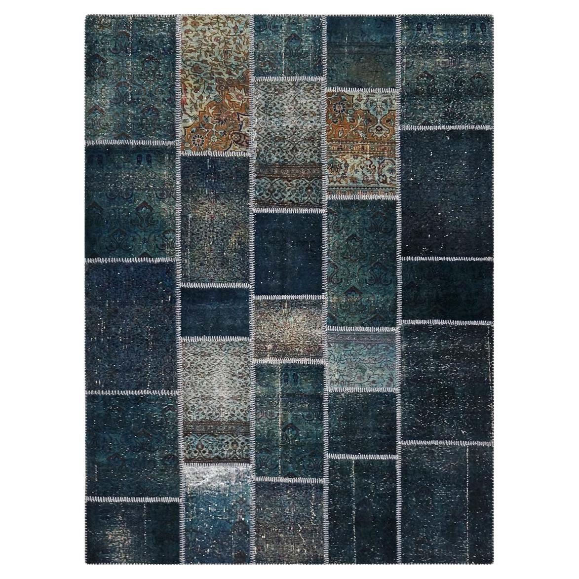 Türkischer moderner Patchwork-Teppich im Vintage-Stil 6x8 in Blau, handgefertigt, Distressed