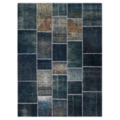 Türkischer moderner Patchwork-Teppich im Vintage-Stil 6x8 in Blau, handgefertigt, Distressed