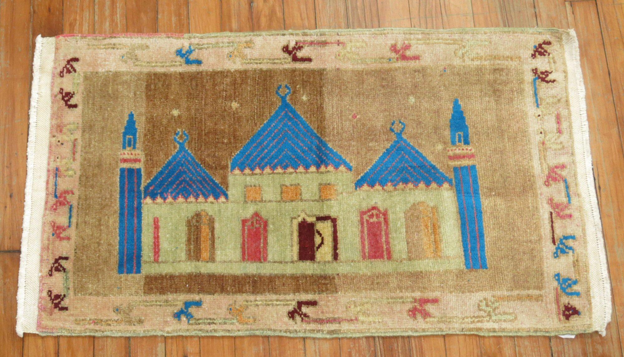 Hand-Woven Vintage Turkish Mosque Pictorial Rug