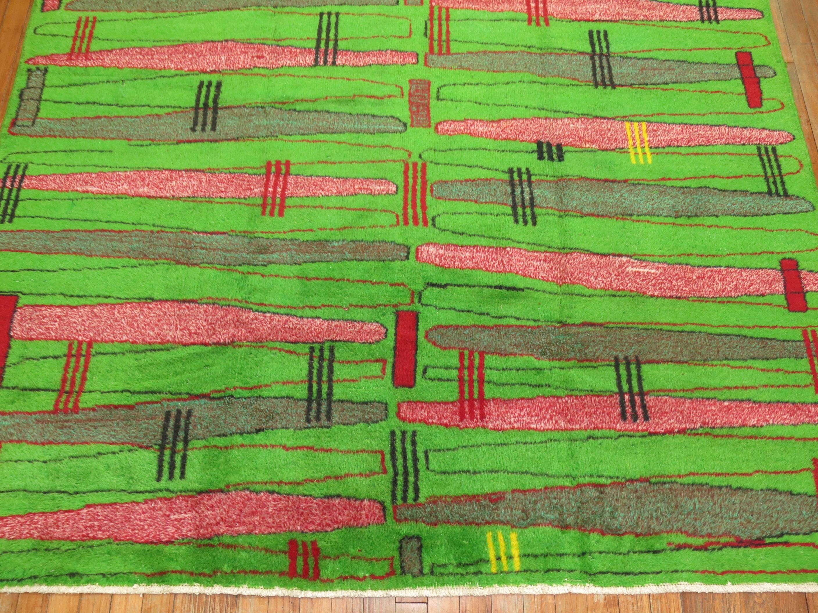 Hand-Woven Vintage Turkish Neon Green Deco Rug For Sale