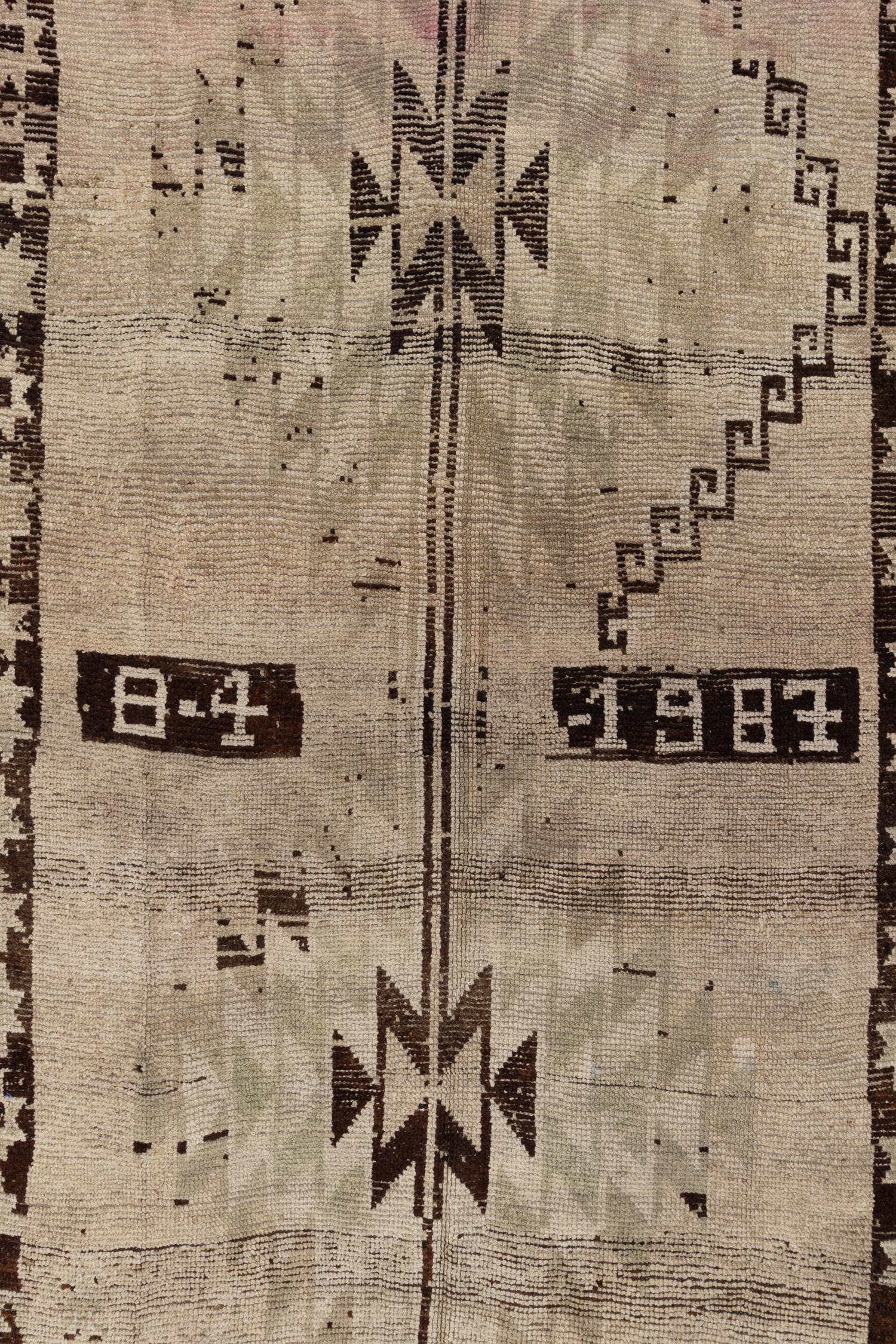 Beautifully patina'ed wool on wool Kars rug woven in the late 1980's *dated. Soft underfoot with a fantastic edgy appeal.

Wear Guide: 3

Wear Notes: 
Vintage and antique rugs are by nature, pre-loved and may show evidence of their past. There