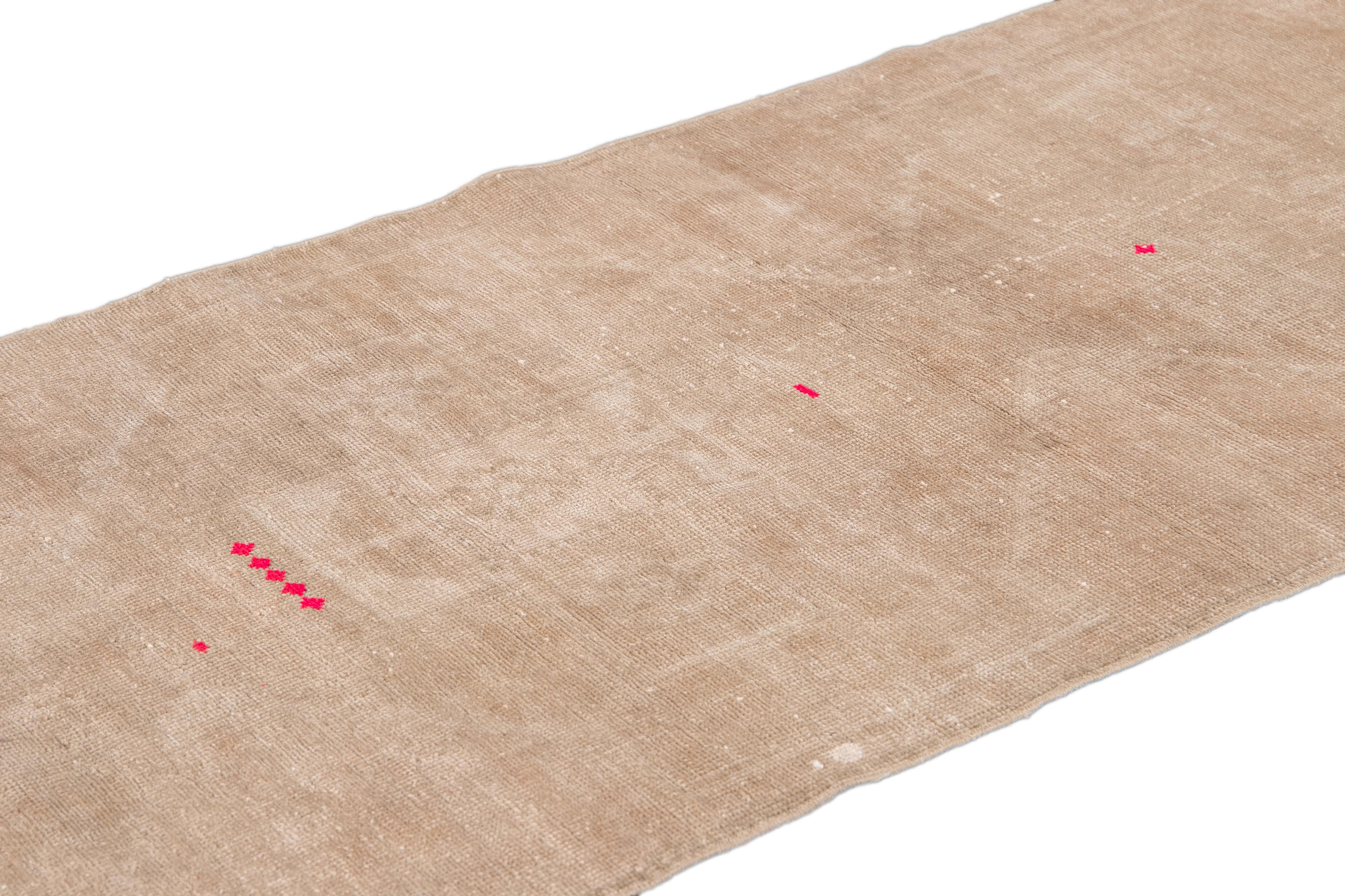 Hand-Knotted Vintage Turkish Nude Handmade Distressed Wool Runner For Sale
