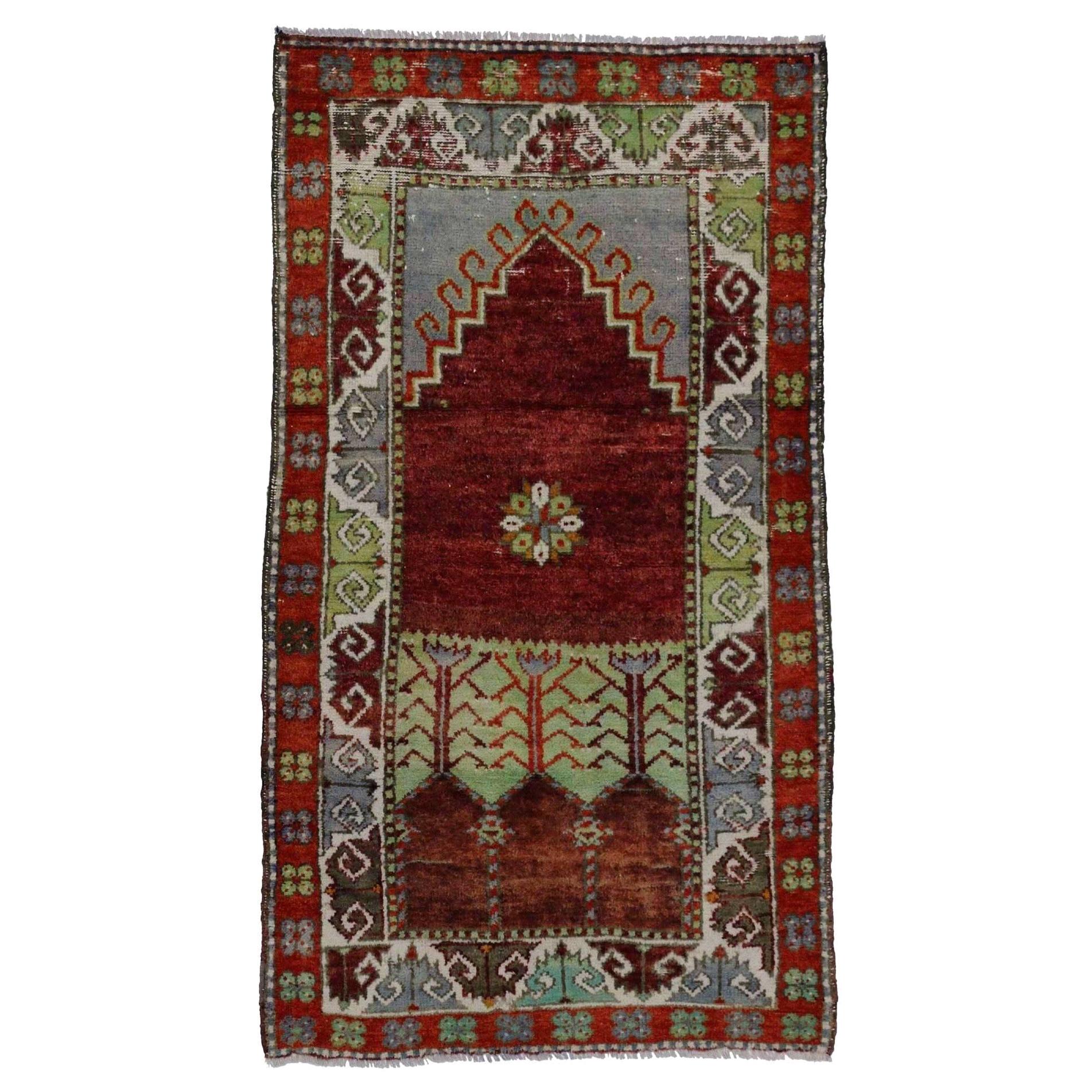 Vintage Turkish Oushak Throw Rug, Anatolian Yuntdag Prayer Rug For Sale 1