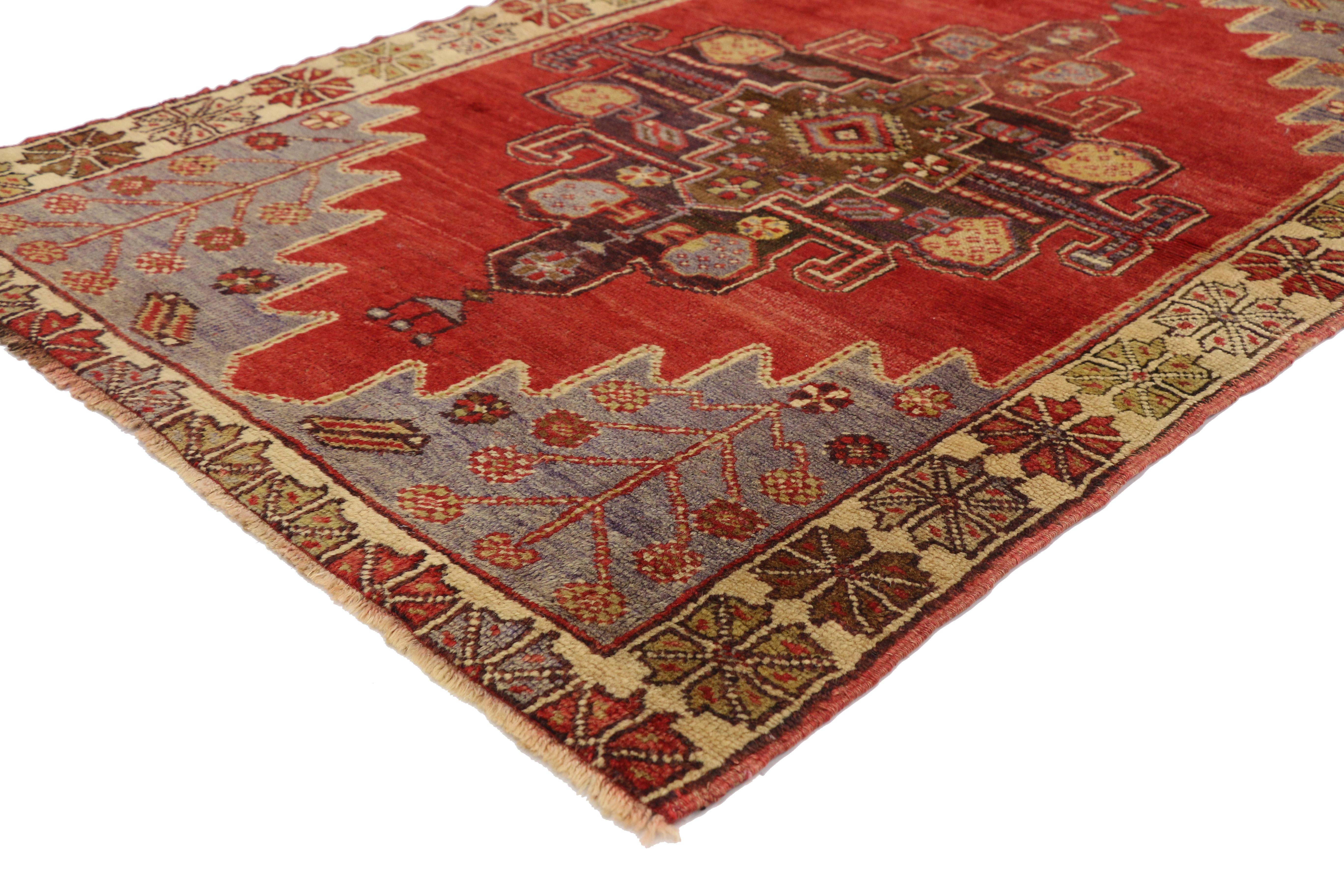 51386 Vintage Turkish Oushak Rug,03'06 x 04'11. This hand knotted wool vintage Turkish Oushak rug is a masterpiece of rich tradition and vibrant aesthetics, crafted from the finest hand-knotted wool. The deep, passionate red that dominates the field